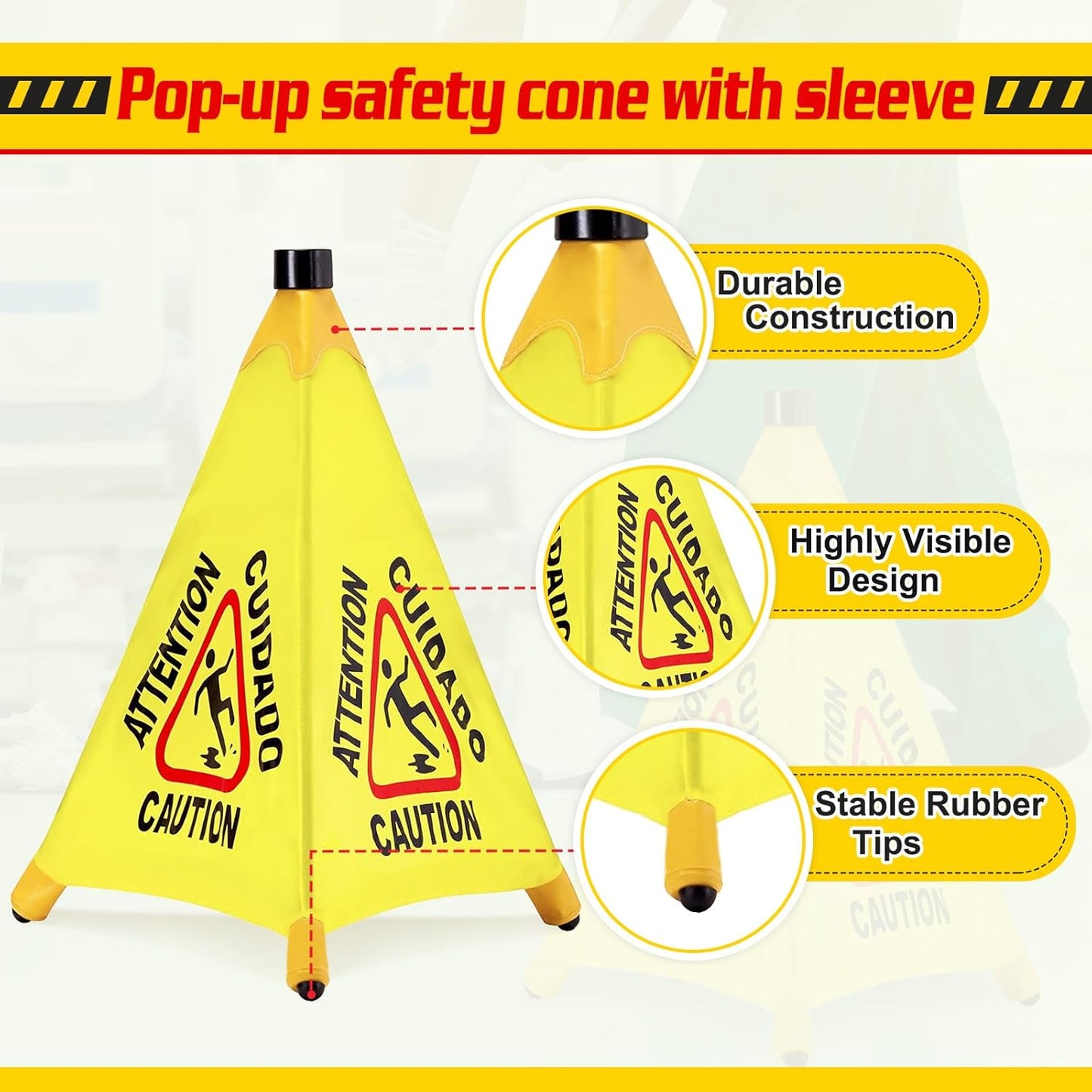 6 Pcs Pop up Wet Floor Sign with Storage Tube 20 Inch Wet Safety Signs Commercial Caution Safety Cone Pop up Caution Sign for Commercial Stores Grocery Restaurant Restroom Office Use