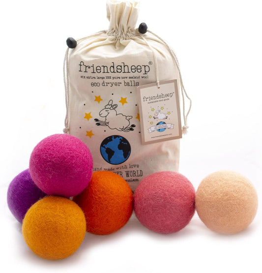 Friendsheep Wool Dryer Balls, Organic Reusable Fabric Softener Alternative for Laundry, Handmade, Fair Trade, Hypoallergenic, Eco-Friendly, Plastic-Free (6 Pack XL - Tropical Sunset)