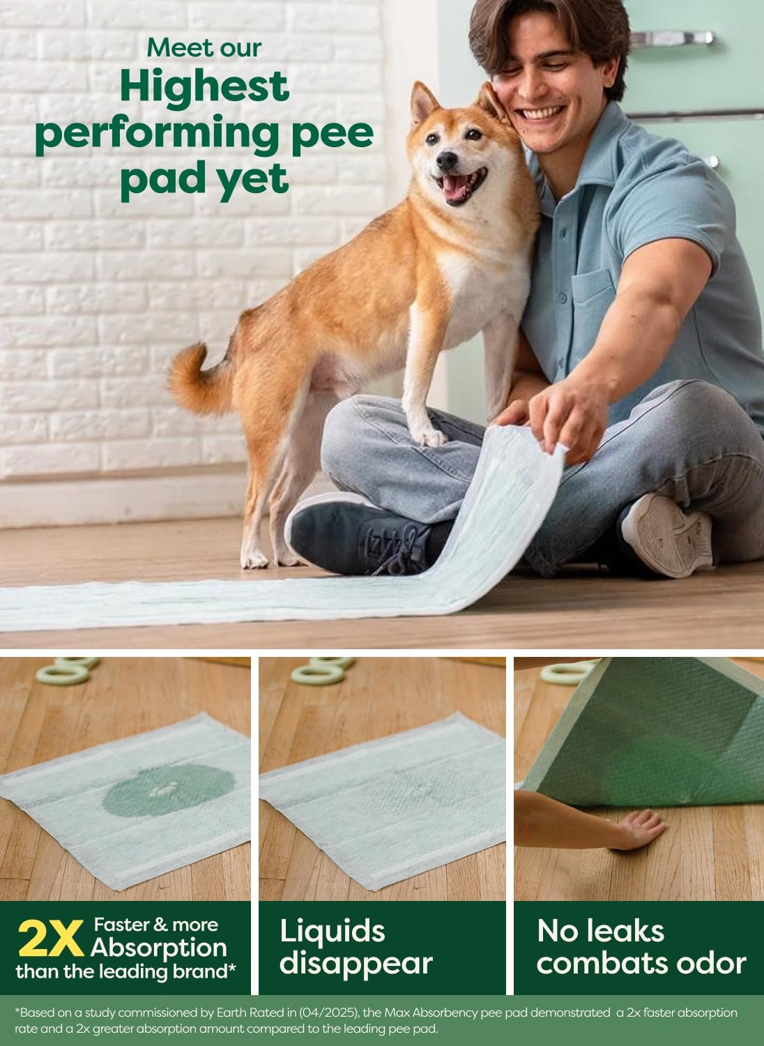 Earth Rated Max Absorbency Puppy Pee Pads for Dogs Absorbs 2X Faster & 2X More, Leak-Proof Odor-Free Potty Training Wee Wee Pad, Unscented, Large, 22” x 23”, 75 Count