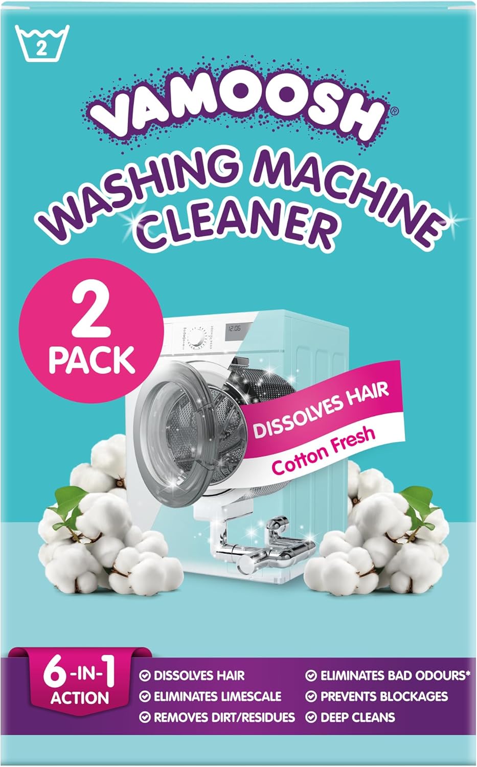 Vamoosh 6-in-1 Washing Machine Cleaner | Dissolves Pet Hair | Leaves No Residue | Removes Limescale | Eliminates Odor | Descales | Cotton Fresh Scent | For Front Load | 150g (Pack of 2)
