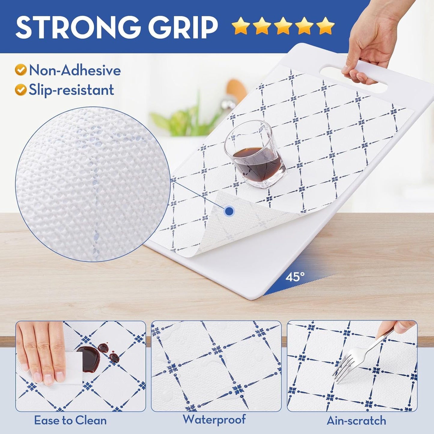 Drawer and Shelf Liner, Non-Slip Kitchen Cabinet Liners Non-Adhesive Thick Strong Grip Waterproof Washable Mats Protect Dresser Shelves Cupboard Bathroom Cabinets, Blue Stripe, 12 in X 30 FT