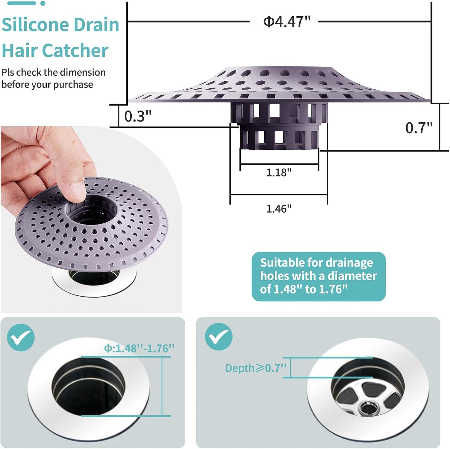 Shower Hair Drain Catcher, Silicone Bathtub Drain Hair Catcher Strainer, All-in-one Tub Hair Catcher Drain Protector for 1.48'' to 1.76'' Regular Drains, 3PCS/Purple