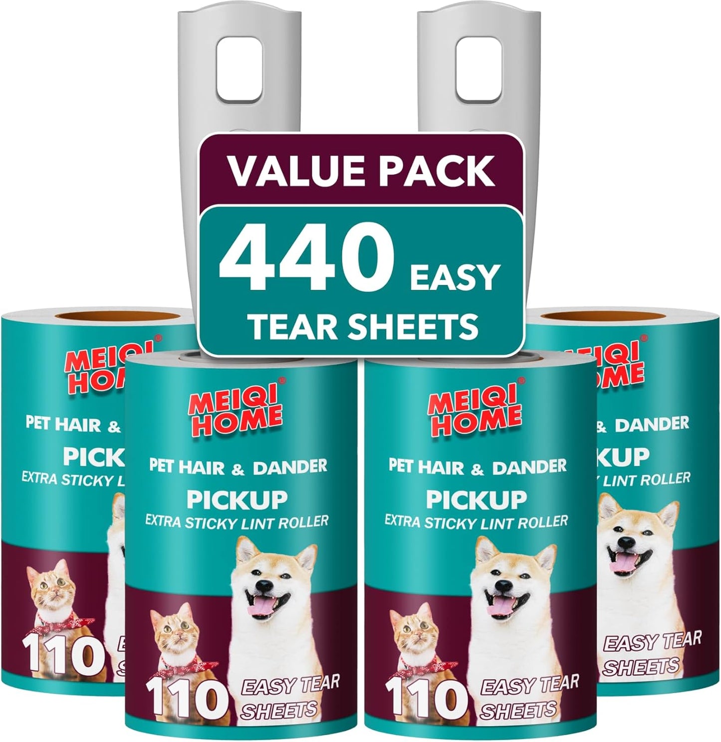 MEIQIHOME Lint Rollers for Pet Hair Extra Sticky, 440 Sheets Value Set Lint Roller with 2 Upgraded Handles, 4 Rollers Portable Pet Lint Remover for Clothes, Furniture, Carpet, Dog & Cat Hair Removal