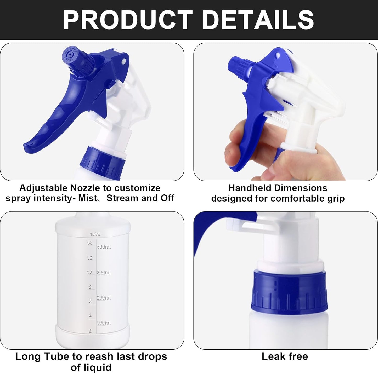 Eccliy 12 Pcs 16 Oz Plastic Spray Bottle, Adjustable Empty Reusable Sprayer for Cleaning, Planting, Water, Bathroom and Kitchen, BBQ, Commercial and Residential(Blue & White,Measurement)