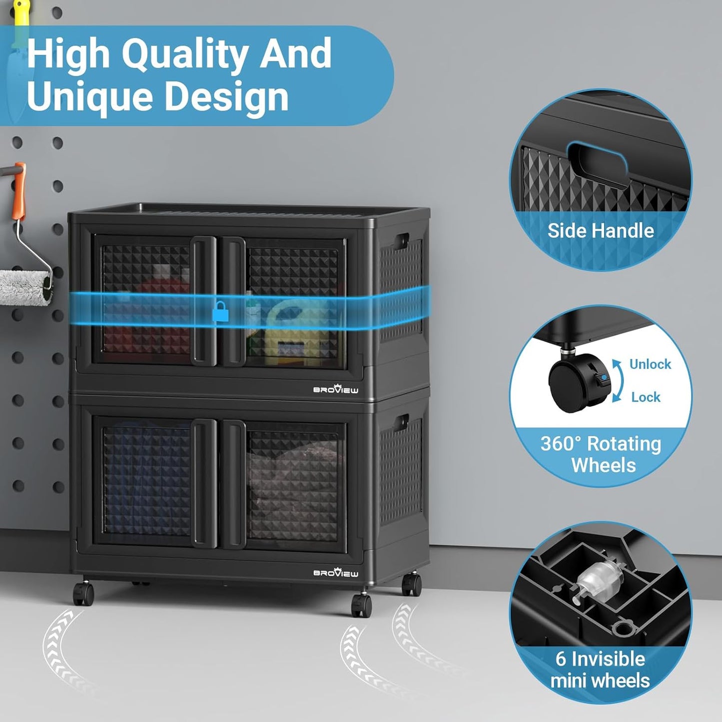 BROVIEW 500 Qt Stackable Storage Bins with Lids & Doors, 5 Pack Plastic Closet Organizer and Storage Drawers with Wheels, Large Collapsible Storage Boxes, Cabinet for Home, Office, V10, Black