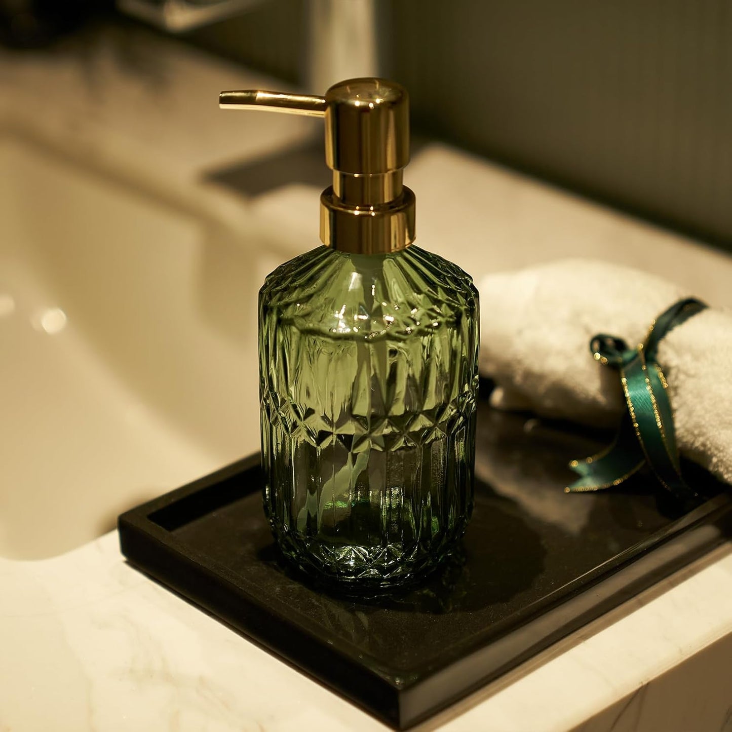 Glass Soap Dispenser Green Bottle Gold Plastic Pump Refillable Kitchen Sink Countertop Hand Dish Dispensers