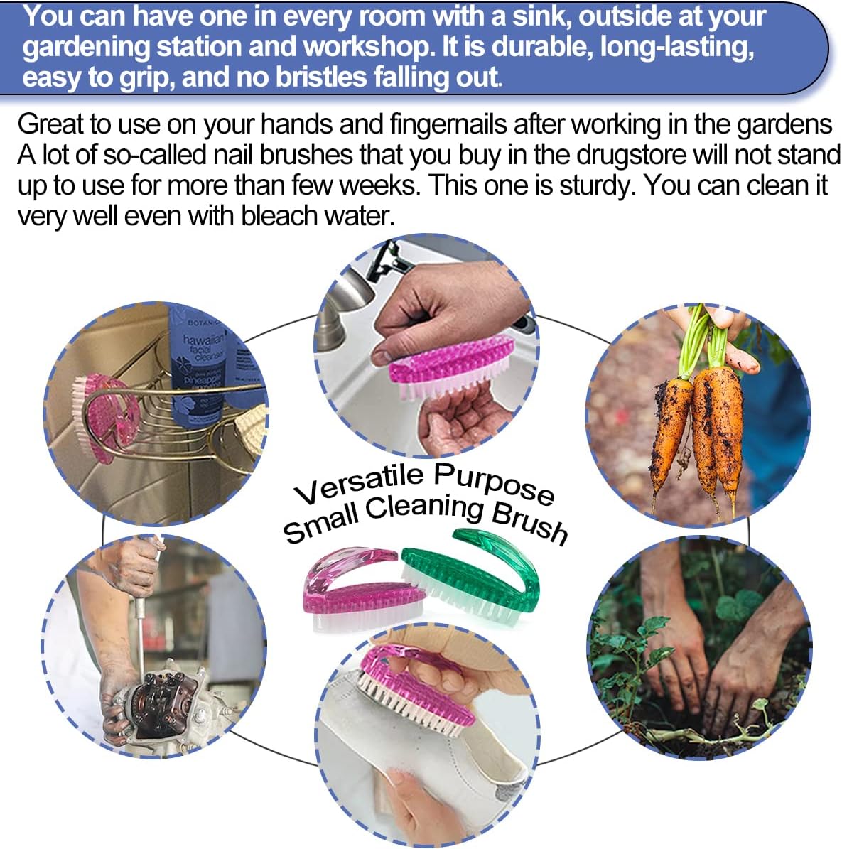 Handle Grip Nail Brush for Cleaning Fingernails Hands & Under Nails, Stiff Bristle Mechanic Scrub Brush Cleaner for Men Women, Pedicure Scrubbing Tool Kit (2 Pink + 2 Green)