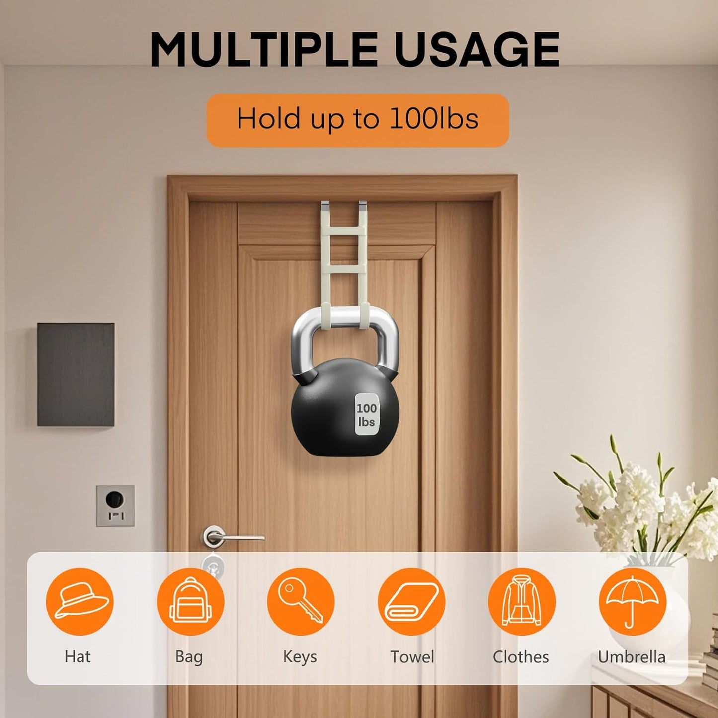 FYY Over The Door Hooks - 2 Pack Heavy Duty Dual-Hook Organizer Hanger with Non-Slip Rubber for Towels, Clothes, Hats & Bags Use in Bathroom, Bedroom, Kitchen - Fits Interior Doors Up to 1.6" Beige