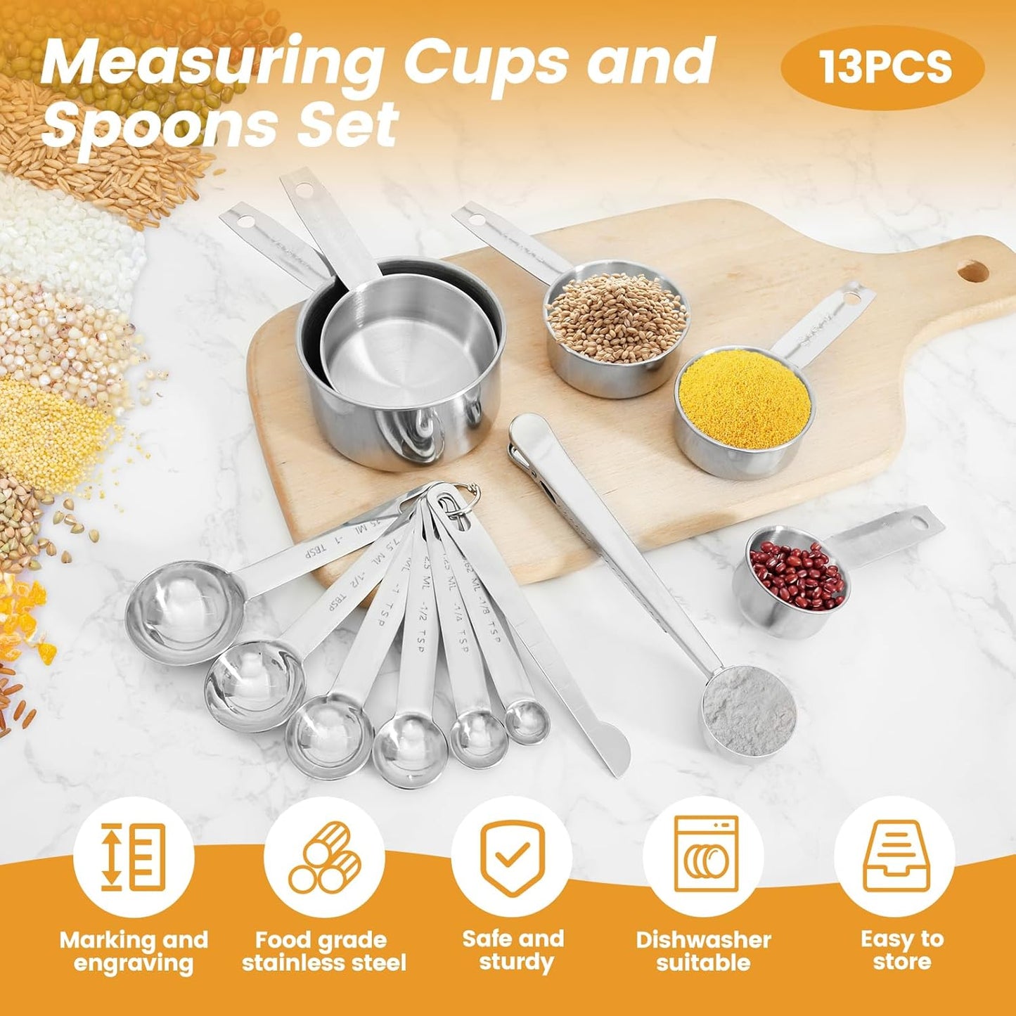 13PCS Measuring Cups and Spoons Set Stainless Steel Measuring Spoons and Cups Stackable Measuring Spoons Set for Dry or Liquid Ingredients