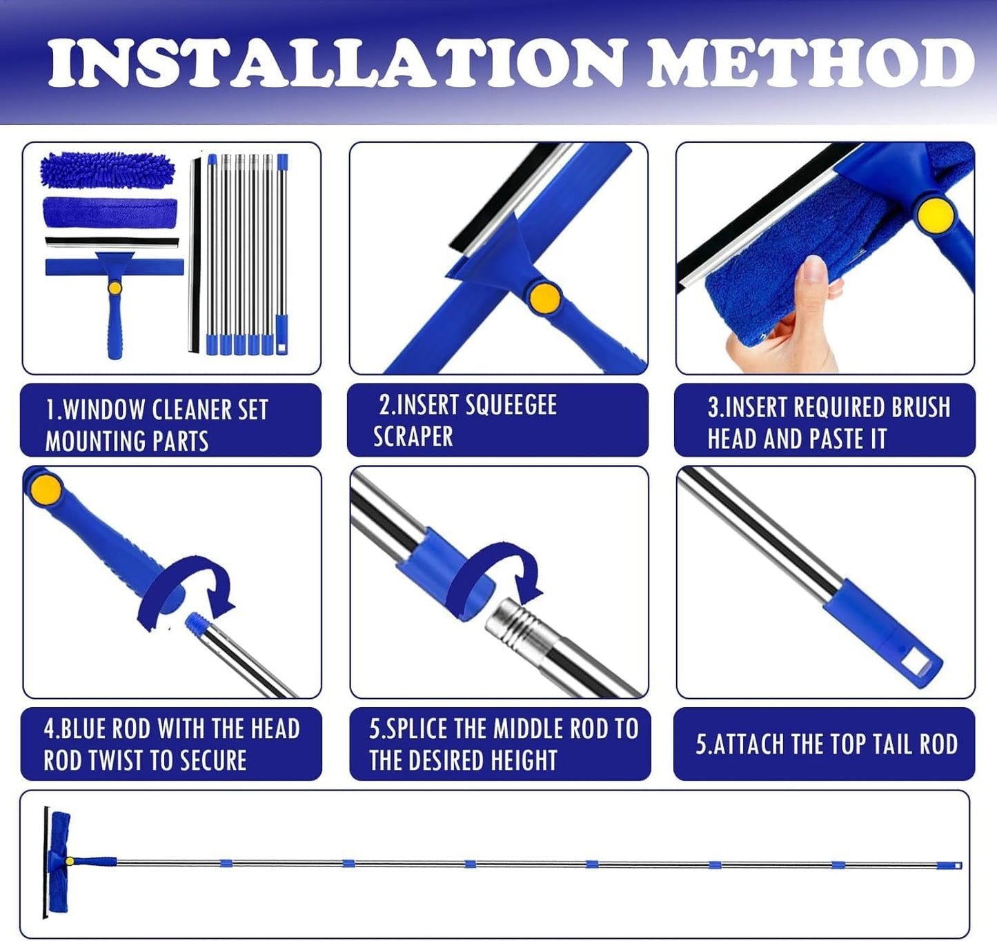 Window Squeegee Cleaner Tool Set,3-in-1 Window Cleaning Kit with 94" Long Extension Pole,Rotatable Bendable Window Washing Kit with 2 Blade 2 Scrubber for Home Car Glass Window Cleaning (11Pcs,Blue)