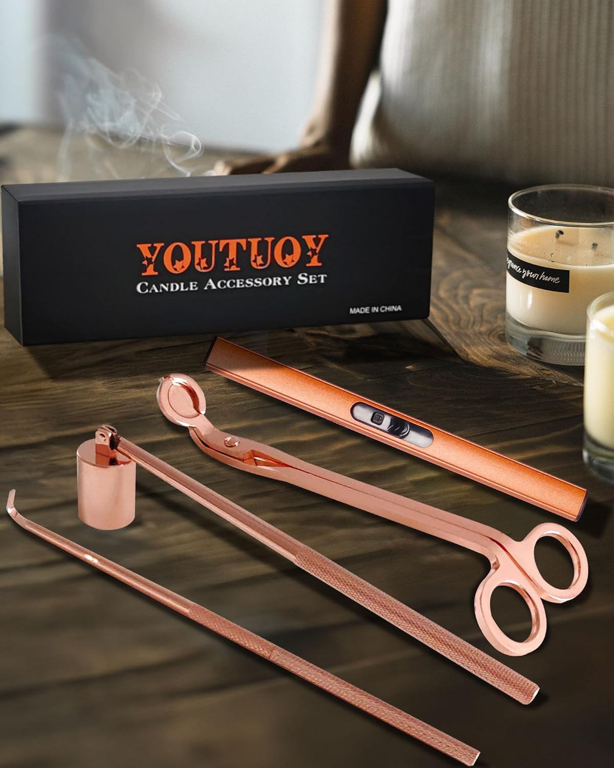 4 in1 Candle Accessory Set with Rechargeable Candle Lighter, Candle Wick Trimmer, Candle Wick Snuffer, Candle Wick Dipper, Candle Care Kit (Rose Gold)