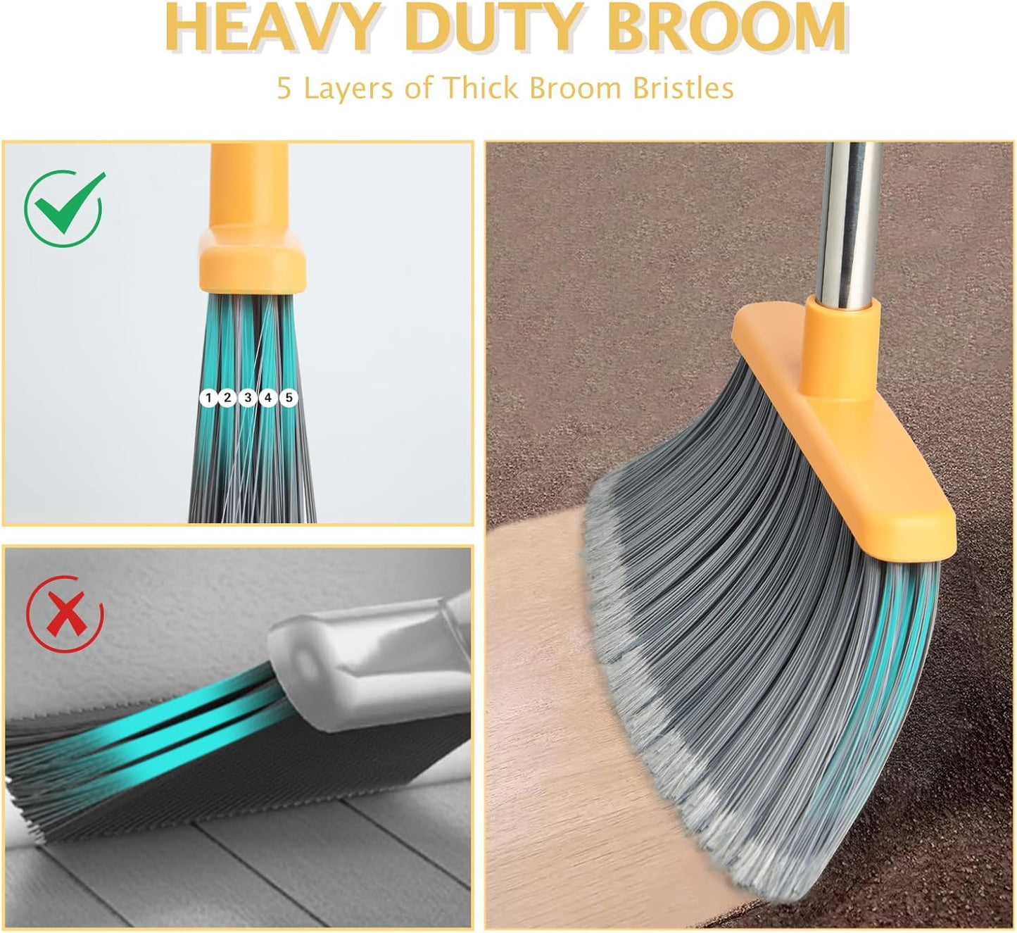 Broom and Dustpan Set, Dustpans with Broom Combo for Home, Heavy Dust Dustpan and Broom Combo, Long Handle Dust Pan and Broom Set for Kitchen, Office, Pet Hair(Gray Yellow)