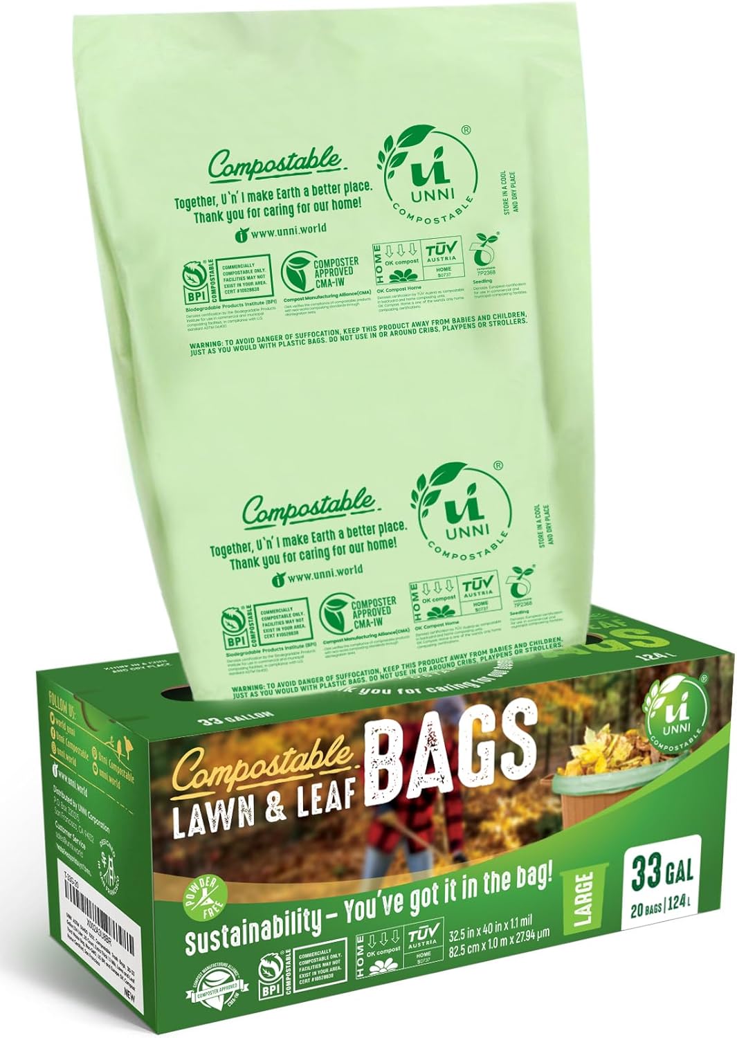 UNNI Compostable Lawn & Leaf Bags, 30-33 Gallon / 124 Liter, 40 Count Value Pack, Extra Thick 1.1 mil Yard Waste & Food Scrap Liners, BPI, CMA & OK compost HOME Certified (Meets ASTM D6400)