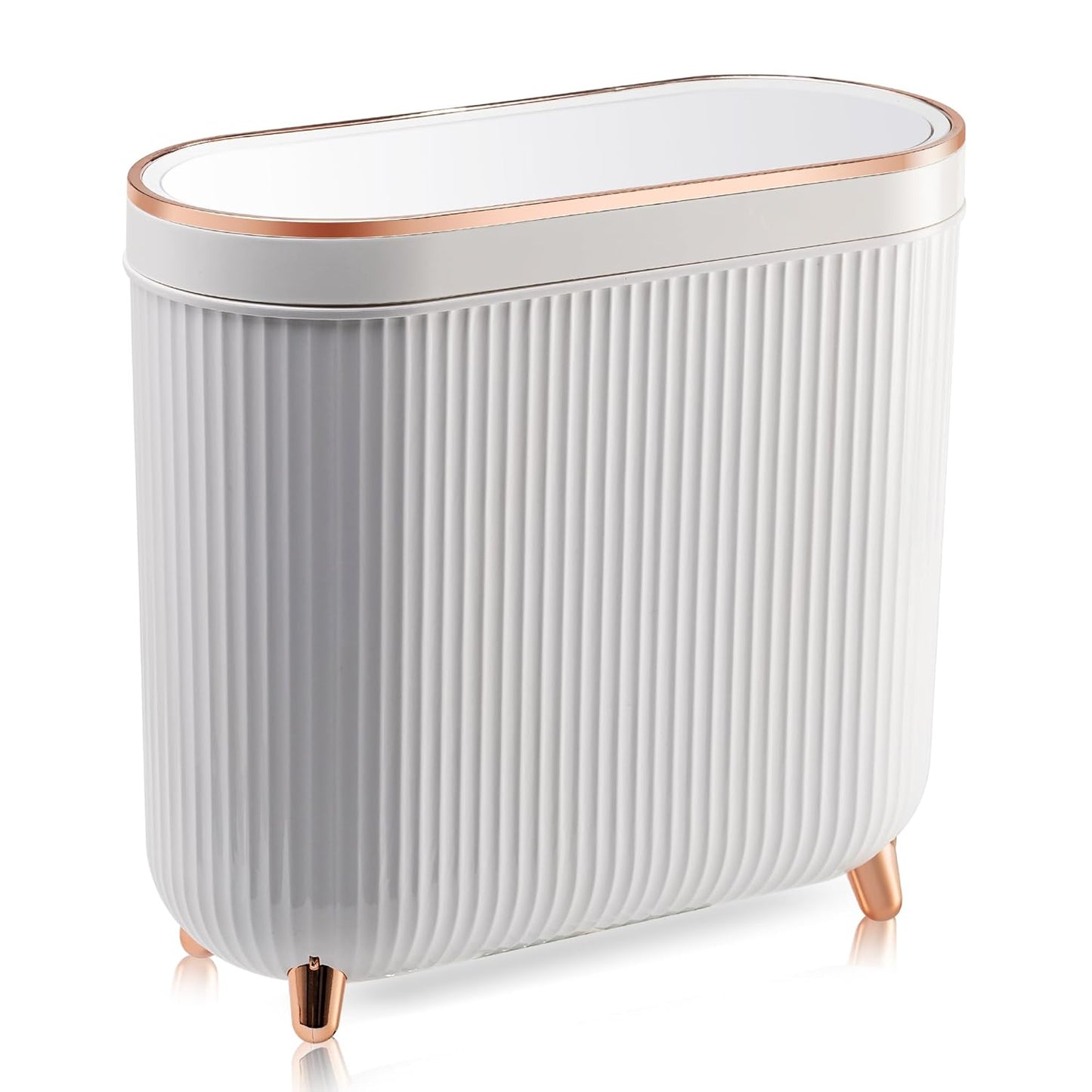 Bathroom Trash Can with Lid 3.2 Gallon Narrow Trash Can Small Plastic Trash Bin 12 Liter Rectangular Plastic Garbage Can with Press Type Lid for Bedroom Bathroom Milk White