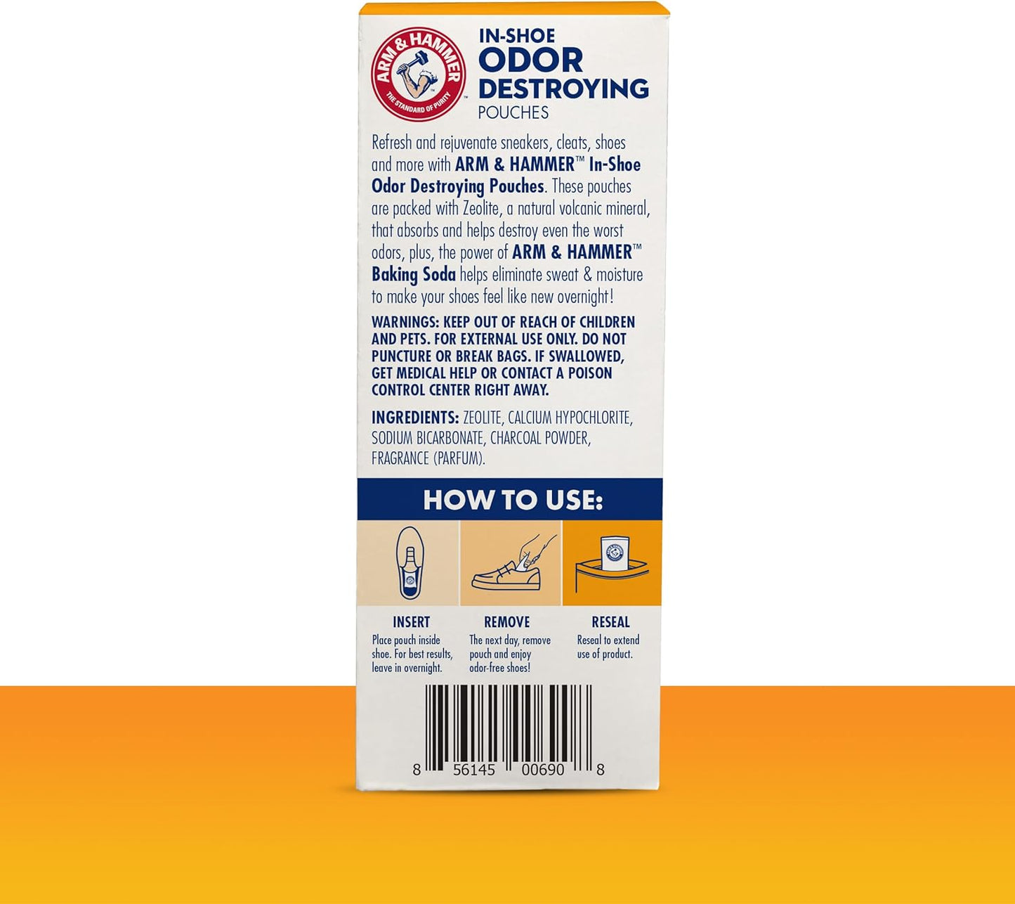 Arm & Hammer In-Shoe Odor Destroying Pouches, Shoe Deodorizer Insert for Reducing Odor and Absorbing Moisture, Smell Eliminator for All Footwear, Gym Bags and Work Boots (2 Pairs)