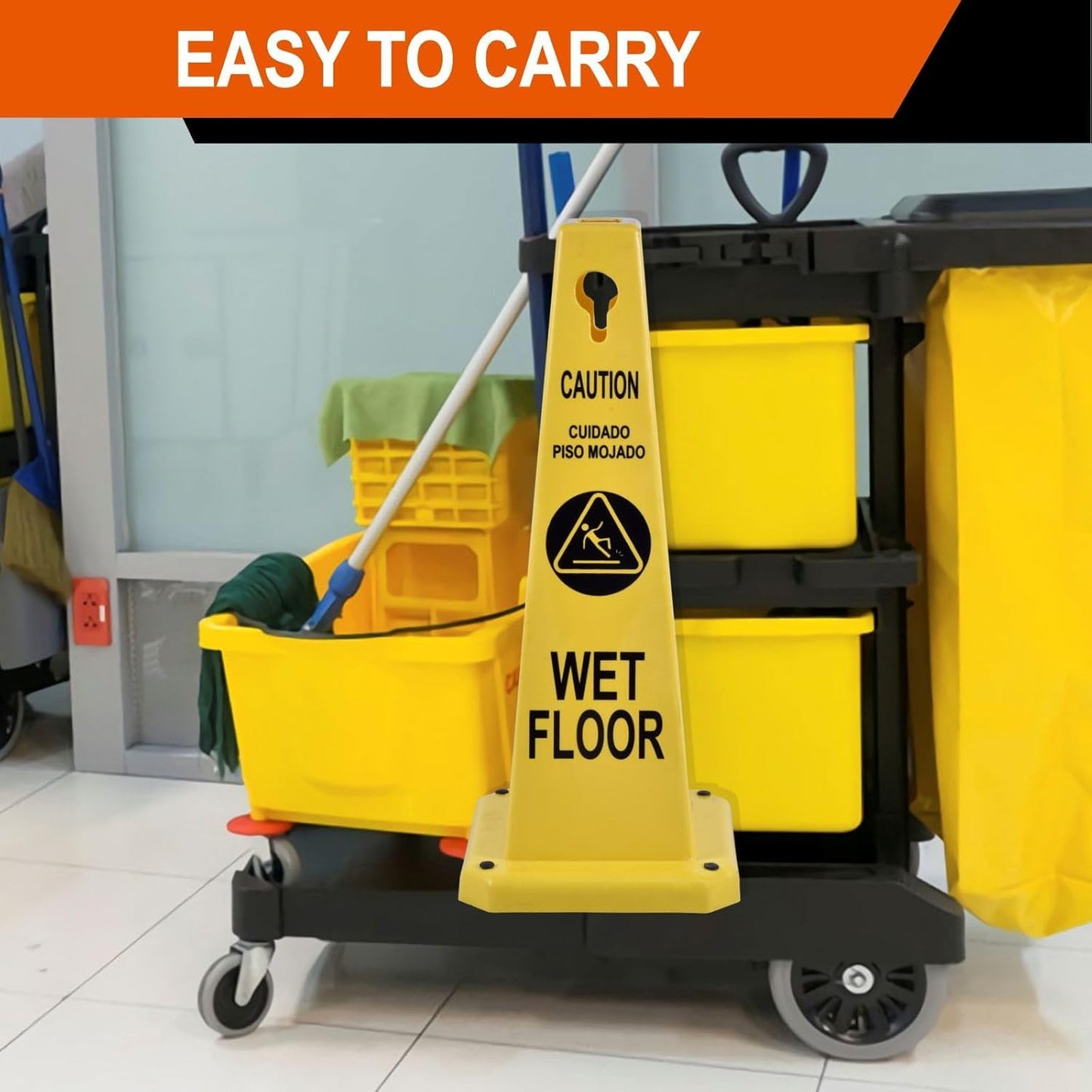 8-Pack 26.5" Caution Cones, 4-Sided Visible Safety Signs with Heavy Rubber Base, Warning for Slip & Fall Prevention, Indoor/Outdoor Use (Yellow, 8Pcs-Caution Wet Floor)