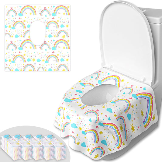 50 PCS Disposable Toilet Seat Covers, Extra Large Portable Potty Seat Covers for Toilet, Bathroom, Toddler & Kid Potty Training Seat Cover, Travel Essentials for Airplane, Trip-Rainbow