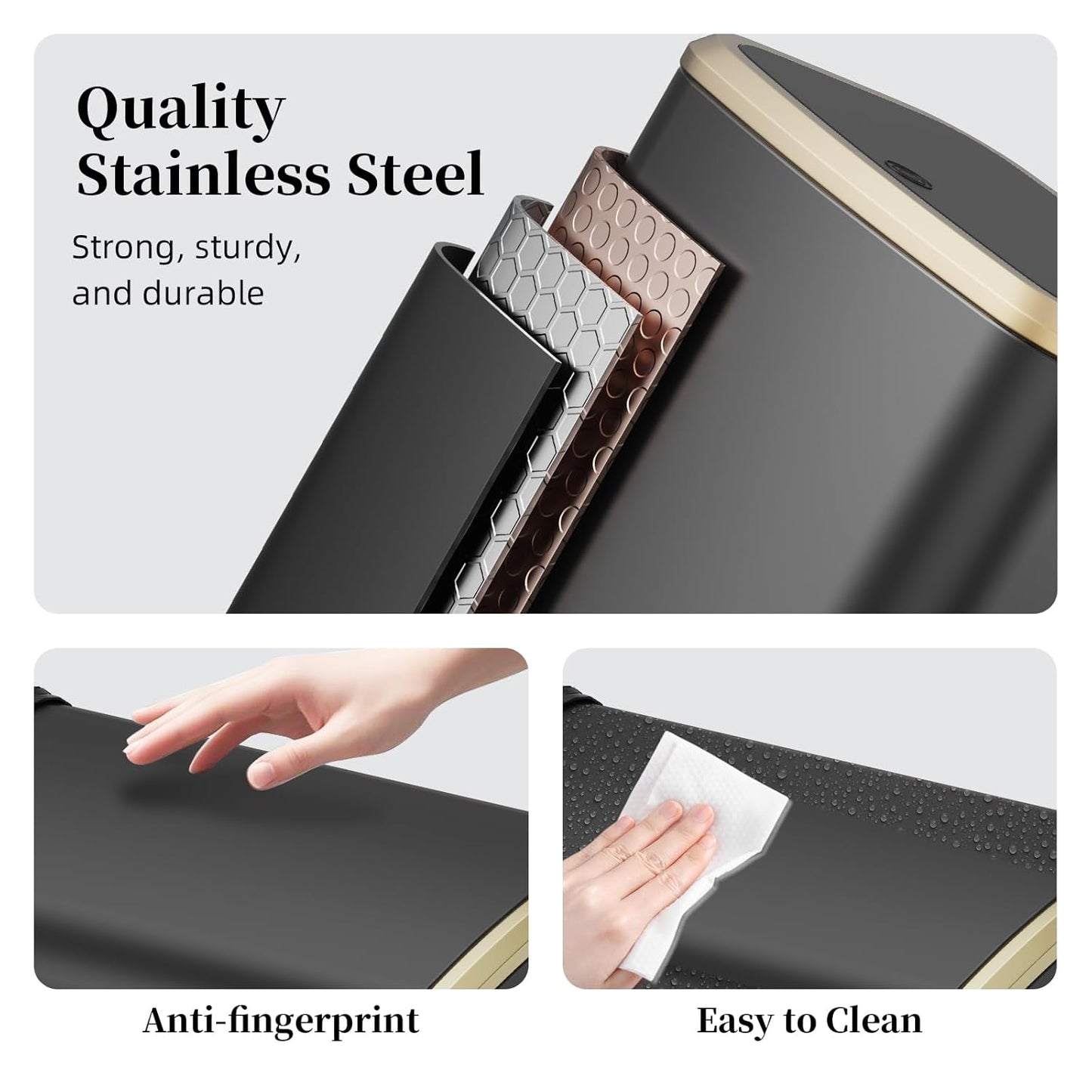 2.1 Gallon Bathroom Trash Can with Lid Press Top, 8 Liter Stainless Steel Garbage Can with Press Type Lid, Slim Trash Bin Waste Basket for Toilet, Office, Bedroom, Living Room (Black)