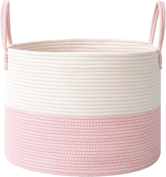 Woven Blanket Basket,115L Large Rope Storage Bin with Handles, Organizer for Blankets Toys Book and Clothes, Laundry Basket for Living Room Bedroom Nursery,White&Pink