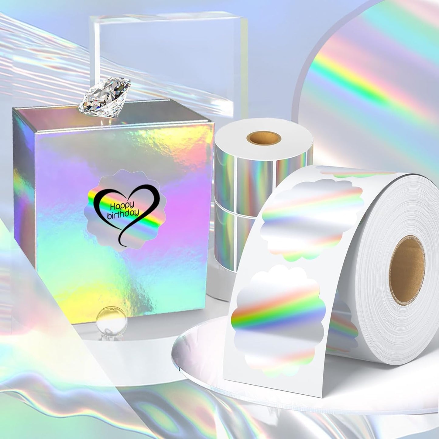 Flower Holographic Thermal Stickers 2 inch, 400 Labels for Logo, Name Tags, Thank You Cards, QR Codes, Compatible with Rollo, Zebra Printers