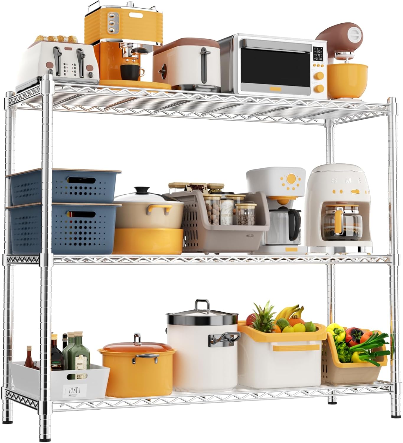 Storage Shelves, 48" L x 20" W x 47" H Heavy Duty Garage Wire Shelving Unit Loads 1200LBS, 3-Tier Adjustable Metal Industrial Utility Shelf Rack for Kitchen, Laundry Room, Basement