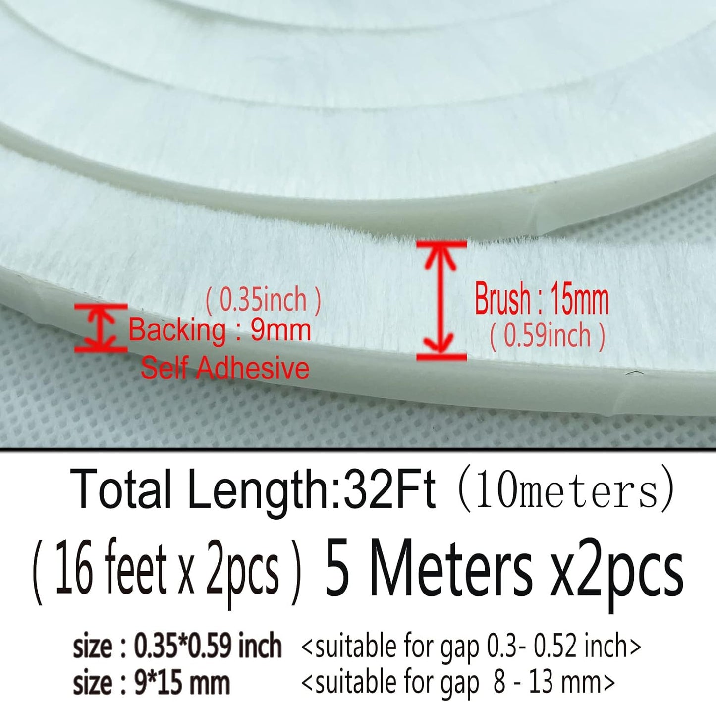 32 Ft Weather Stripping Self Adhesive Seal Strip Weatherstrip for Windows and Doors House Soundproofing(32ft x11/32 Backing x 9/16 Brush inch, White)