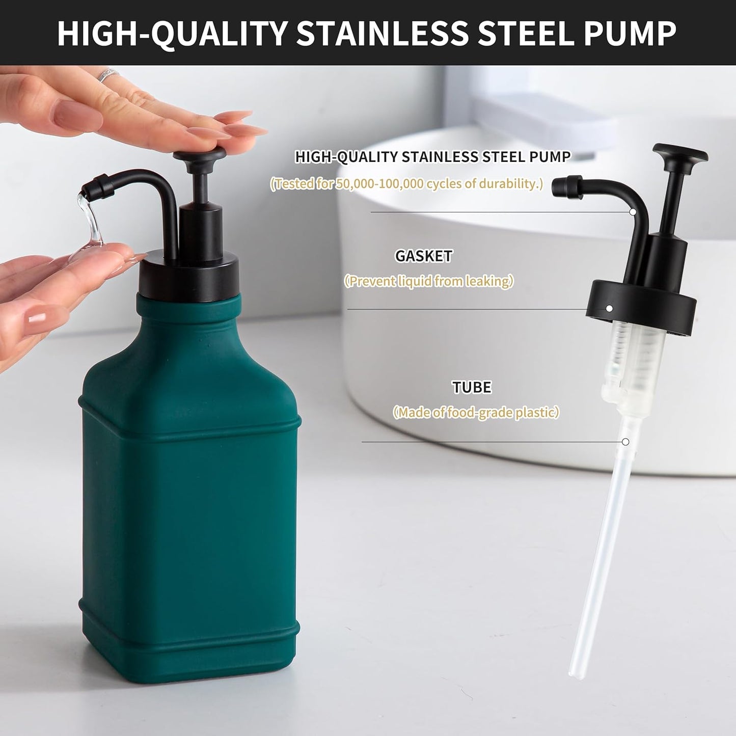 Enra Glass Soap Dispenser with Clear Window,12oz Matte Stainless Steel Hand Pump Dispenser,Hand and Liquid Soap Dispenser Rust Proof Countertop Lotion Bottle (Green-Square-Liquid)