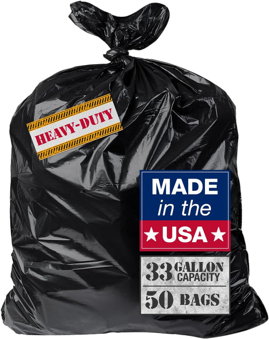 32-33 Gallon Heavy Duty Trash Bags – 50 Count Large Black Garbage Bags for Outdoor Bins, Contractor, Lawn, and Commercial Use – 2.5 Mil Thick Can Liners, 61" x 68"