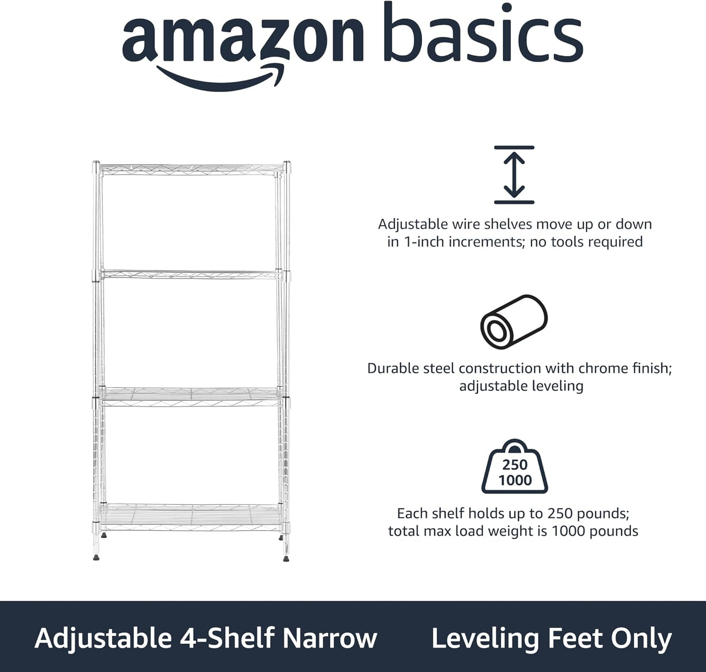 Amazon Basics 4-Shelf Adjustable, Storage Shelving Unit, (200 Pound Loading Capacity per Shelf), Steel Organizer Wire Rack, 13.4"D x 23.2"W x 48"H, Chrome