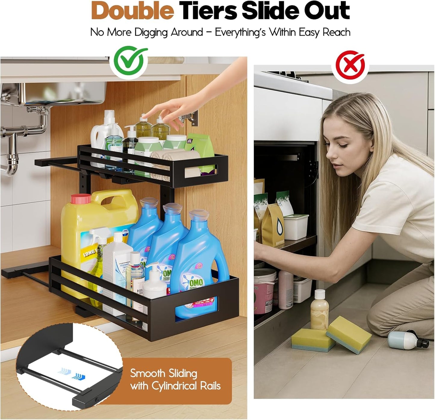 2-Pack Under Sink Organizers and Storage,2-Tier L Shape Pull Out Cabinet Organizer With Round Tube Slide Rails,Hight Adjustable Slide Out Drawers for Kitchen&Bathroom,Multi-Purpose Storage Shelf-Black
