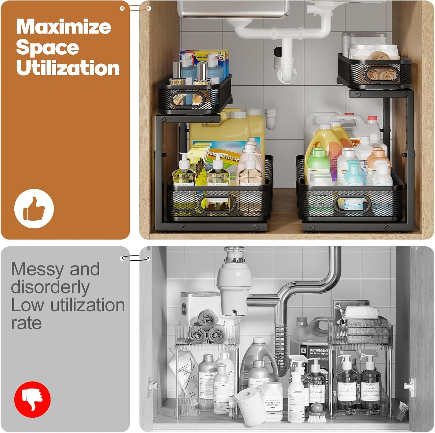 2 Pack 21.3IN-Depth Under Sink Organizer with Smooth Cylindrical Rail,2-Tier Pull Out Multi-Purpose Cabinet Storage for Bathroom&Kitchen,Height Adjustable,Rust-Resistant Coating-Black