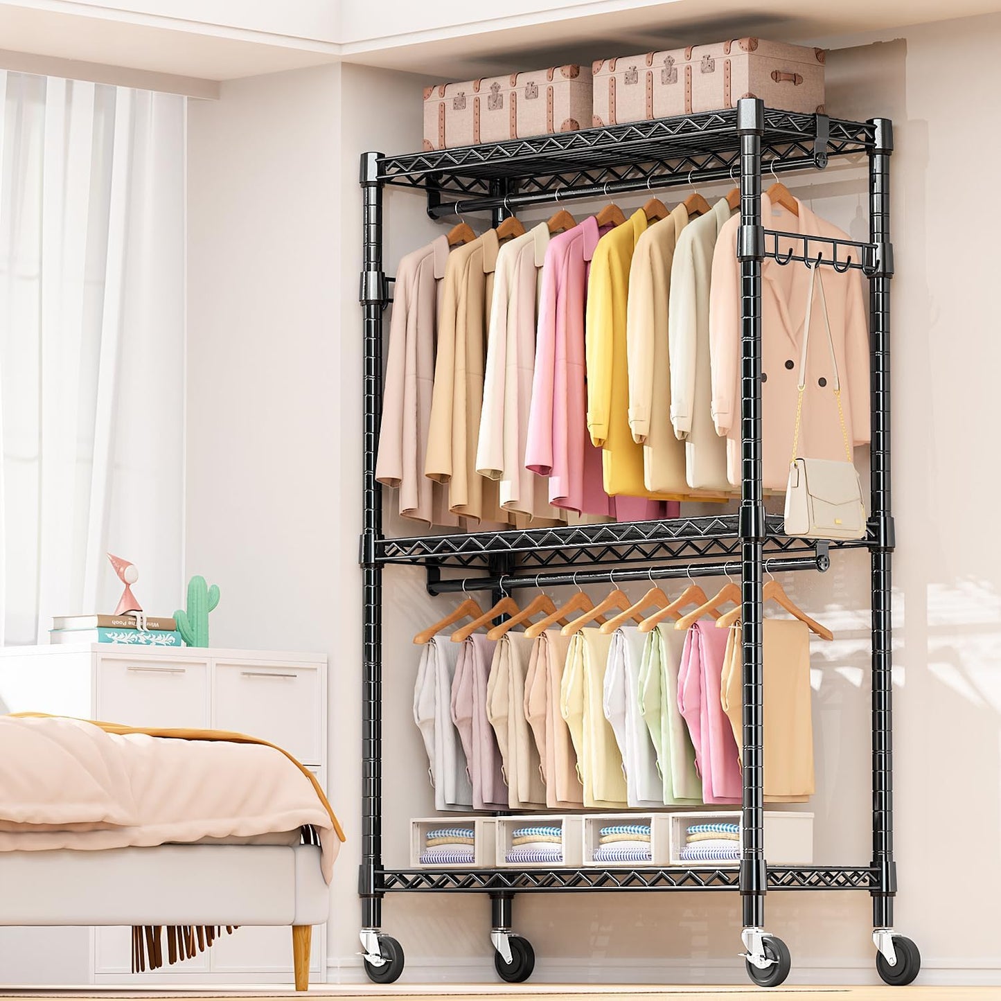 Heavy Duty Rolling Garment Rack 3 Tiers Adjustable Wire Shelving Clothes Rack with 2 Rods and Side Hooks, Storage Closet Clothing Rack with Wheels Black 17.7" D x 47.2" W x 83.6" H