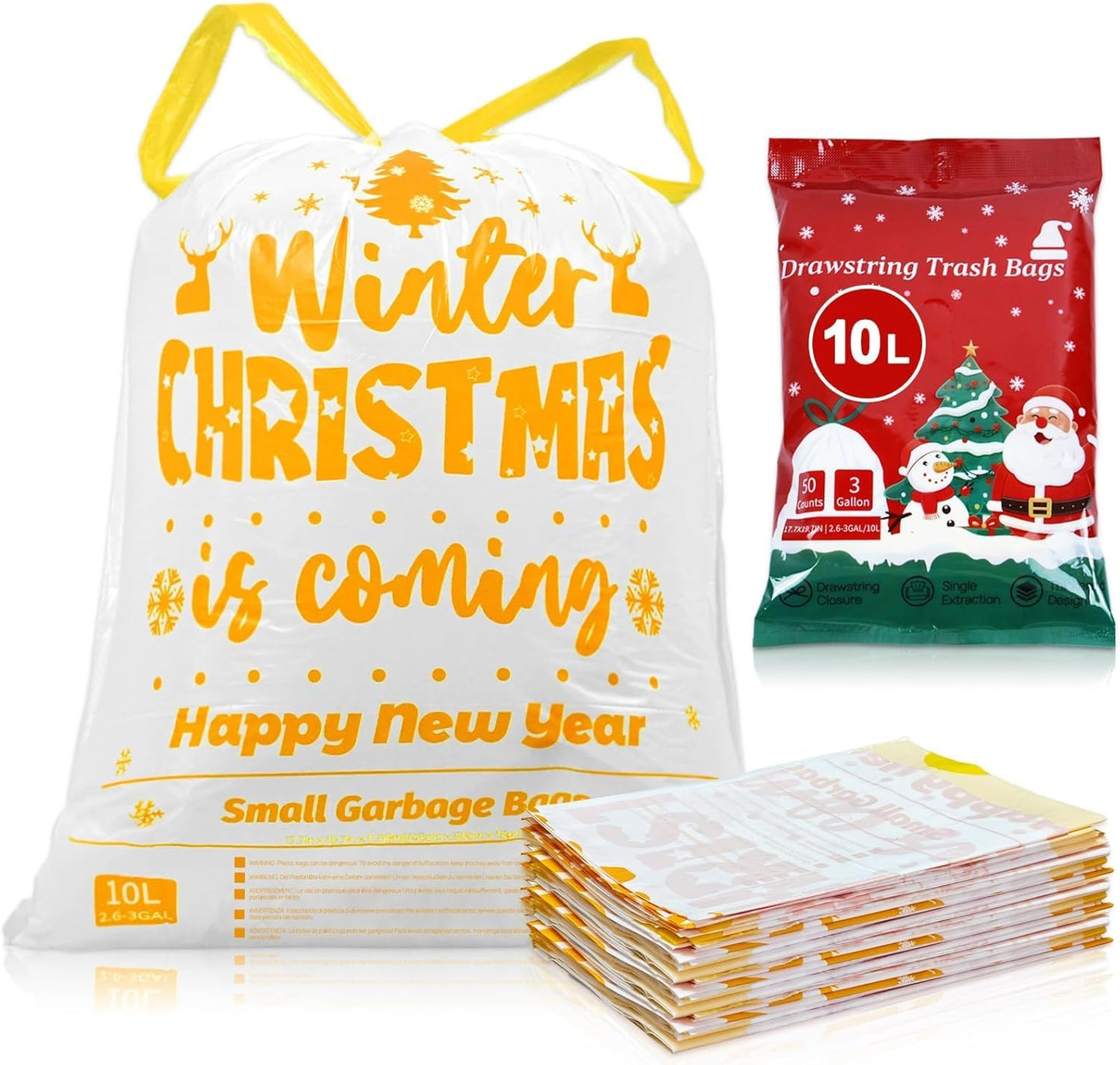 XUXRUS Small Christmas Trash Bags, 3 Gallon Christmas Garbage Bags 50 Count, Holiday Trash Bags, Festive Gold Printed Drawstring Garbage Bags for Kitchen & Bathroom, Holiday Supplies