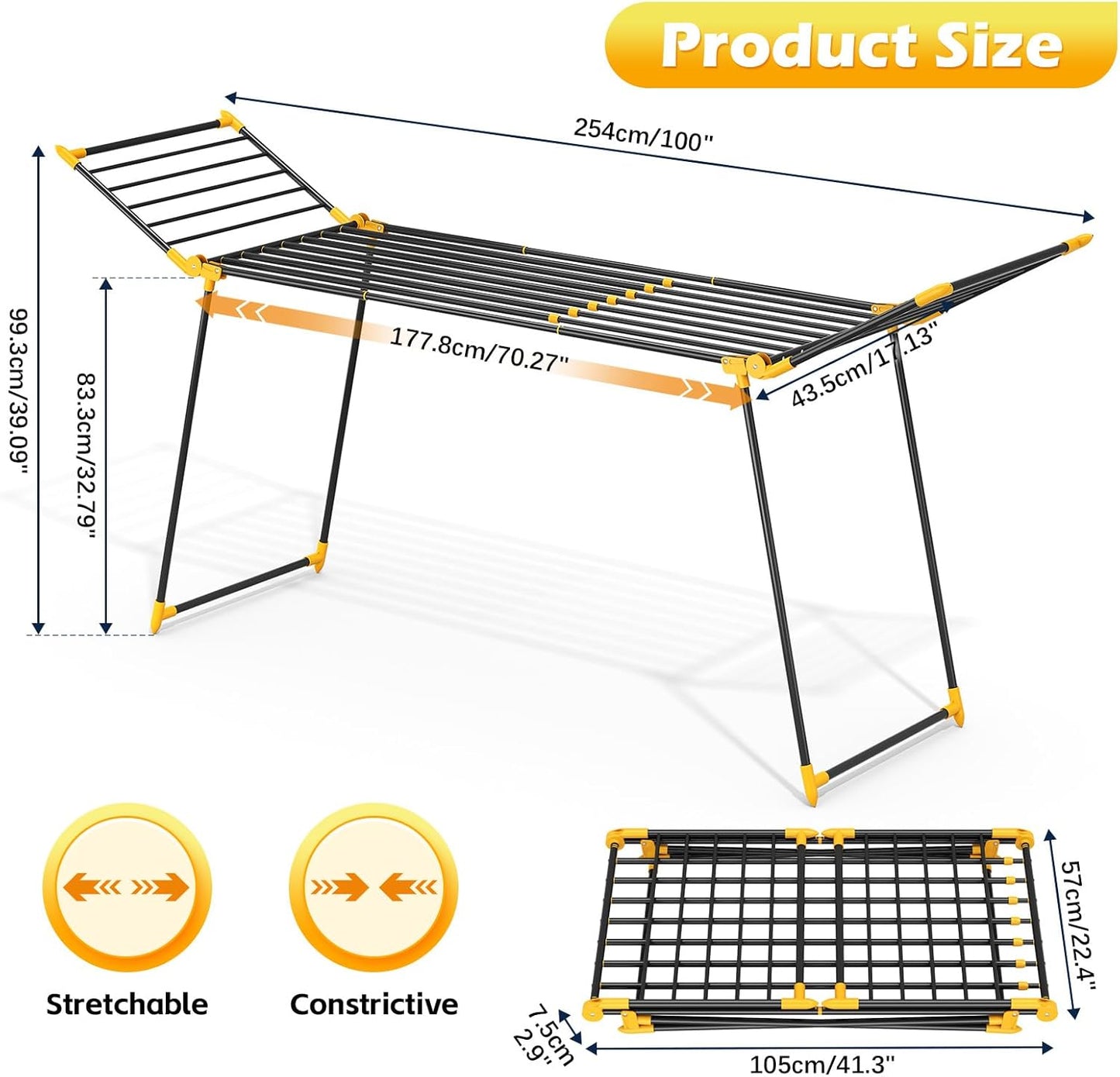 APEXCHASER Clothes Drying Rack Foldable, Large Drying Rack Clothing Retractable, Metal Clothes Airer for Bedding Towel Sweater Heavy Duty, Indoor Outdoor Use, 21.9"W x 100"L x 39"H, No Assembly,Yellow
