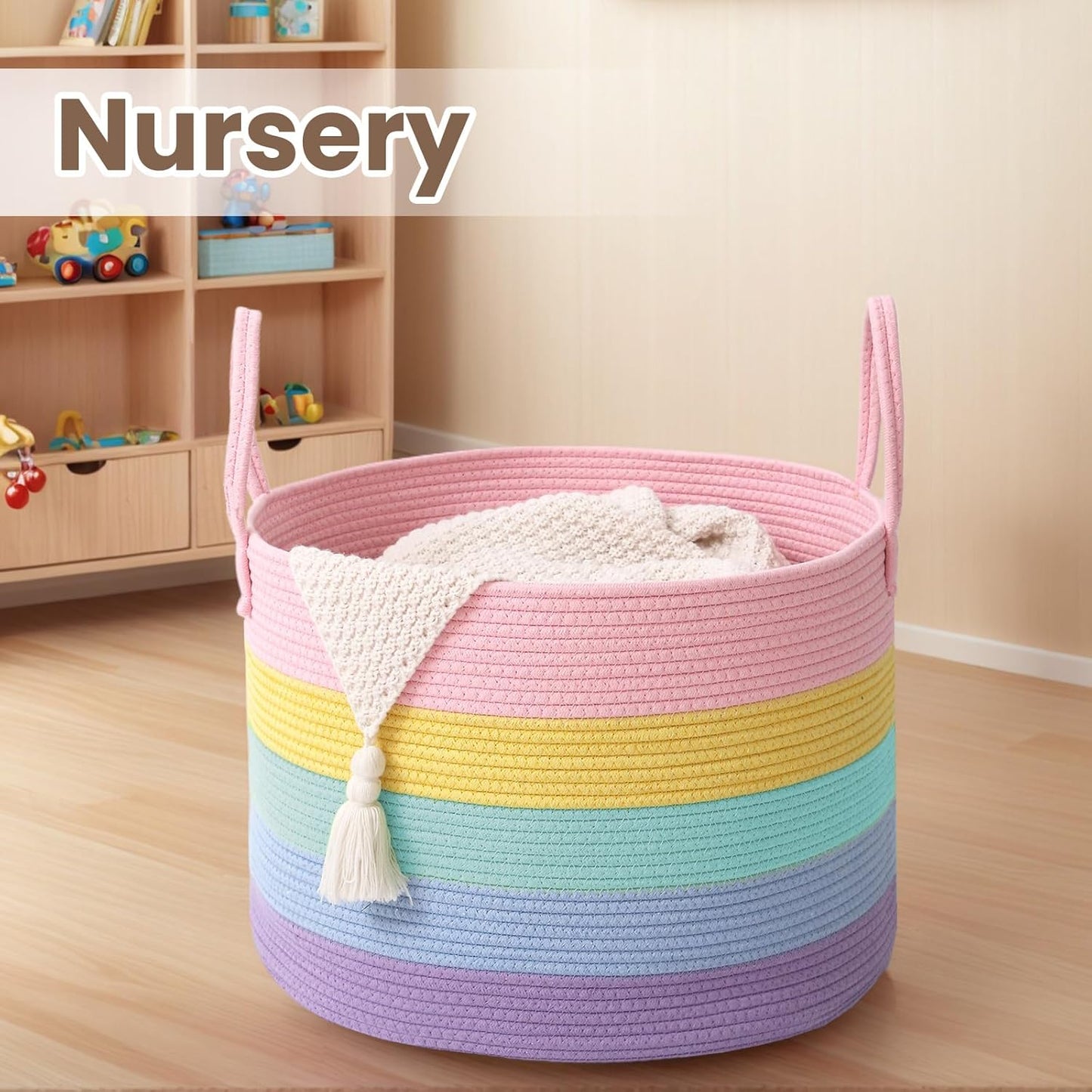 Woven Blanket Basket,65L Large Rope Storage Bin with Handles, Organizer for Blankets Toys Book and Clothes, Laundry Basket for Living Room Bedroom Nursery,Rainbow