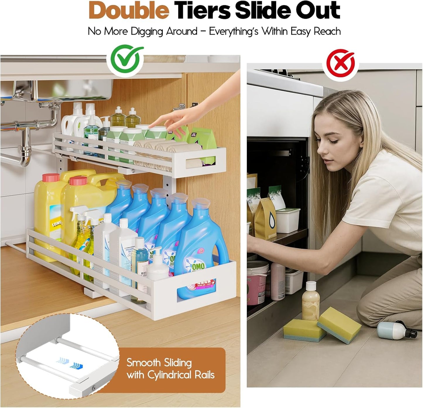 2-Pack 20.47"Deep Under Sink Organizer And Storage,2-Tier L-Shaped Pull Out Cabinet Organizer with Upgraded Slide Rails,Height Adjustable Drawers for Kitchen&Bathroom,Extra-Large Storage Shelves–Gray