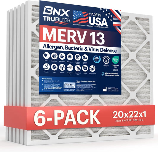 BNX TruFilter 20x22x1 Air Filter MERV 13 (6-Pack) - MADE IN USA - Electrostatic Pleated Air Conditioner HVAC AC Furnace Filters for Allergies, Pollen, Mold, Bacteria, Smoke, Allergen, MPR 1900 FPR 10