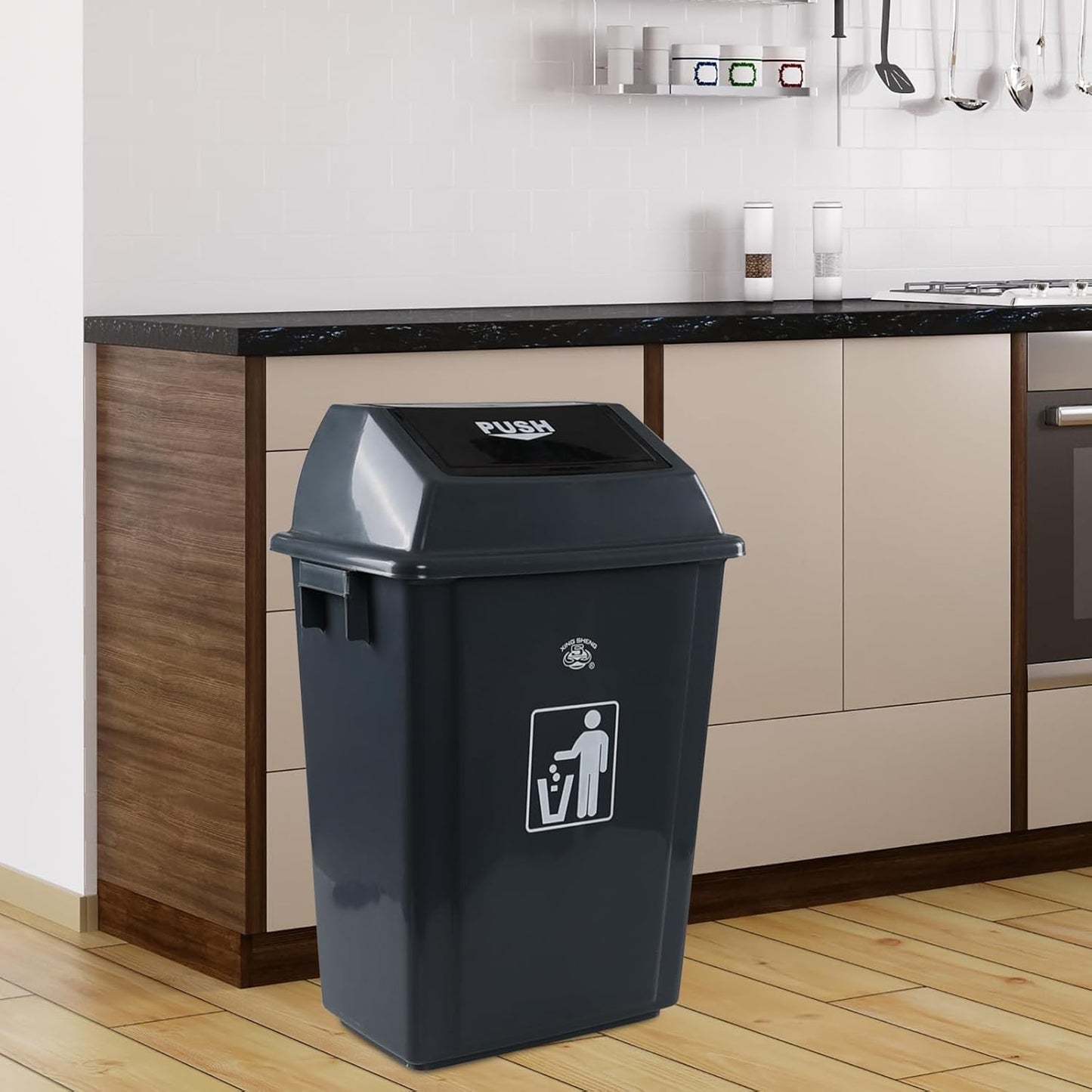 18 Gallon Plastic Trash Can with Swing Lid, 4-Pack Large Kitchen Swing-Top Garbage Can, Grey