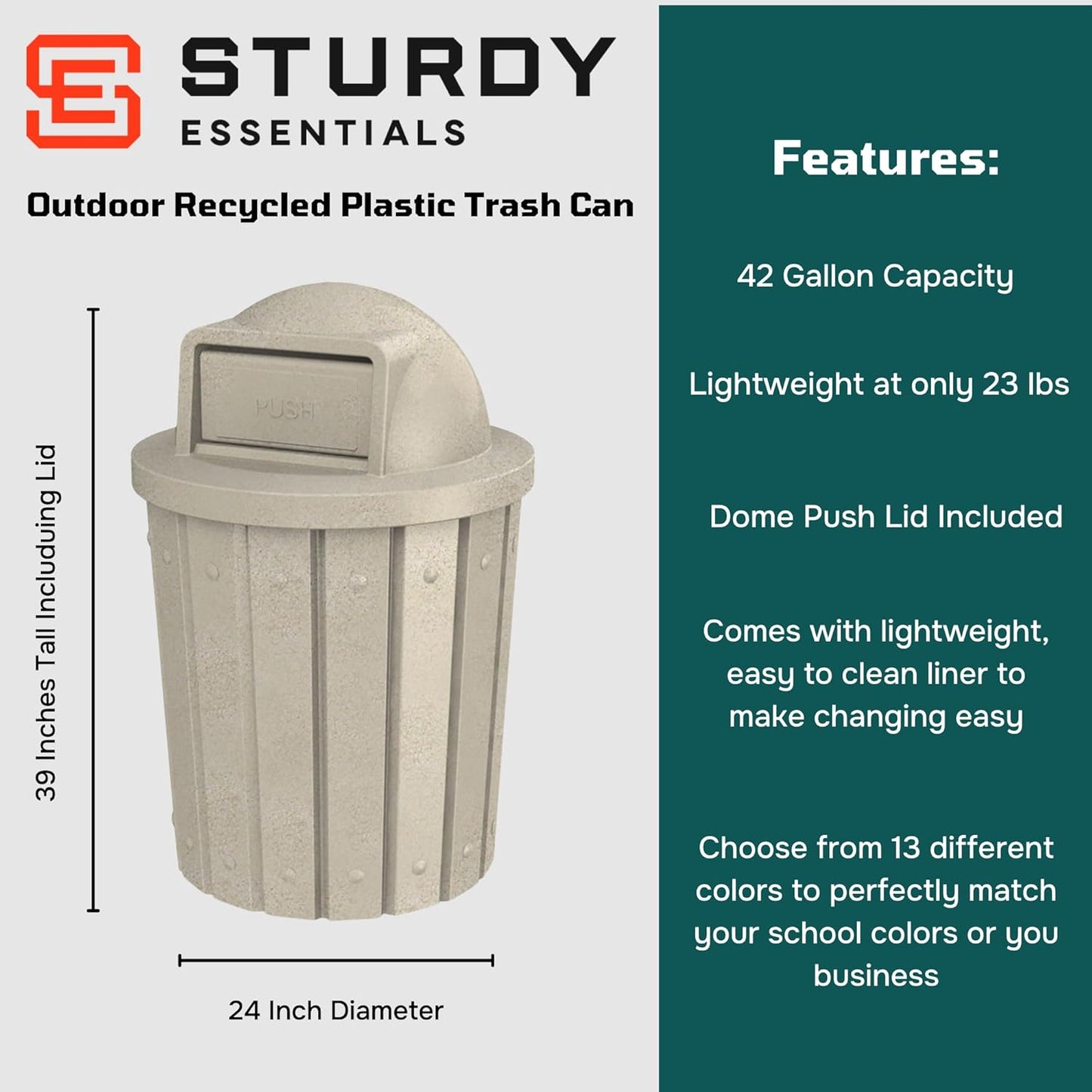 42 Gallon Slated Circle 100% Recycled Plastic Commercial Outdoor or Indoor Trash Can with Push Open Dome Lid and Internal Liner | Great for Schools and Businesses - Beige Granite