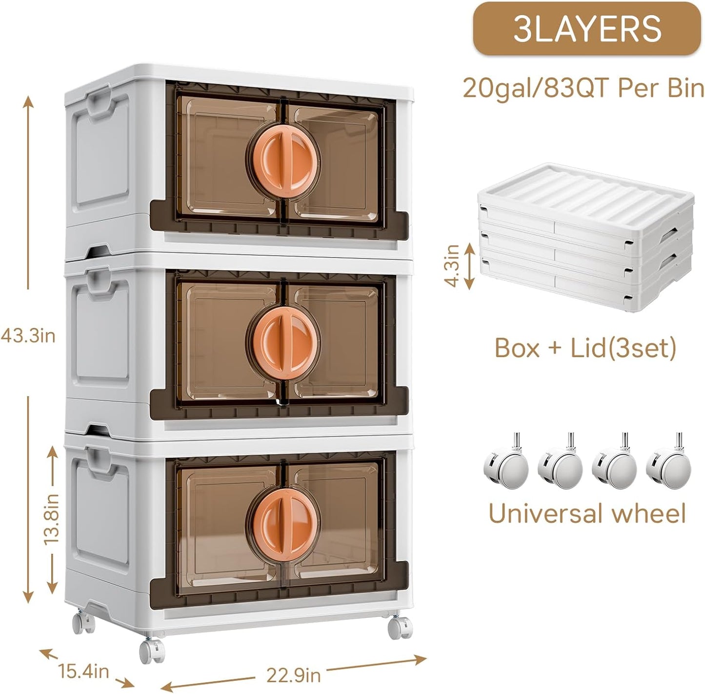 JEKO&JEKO 249Qt Lockable Stackable Storage Bins with Lids, Collapsible Closet Organizer with Wheels, Plastic Cabinet Drawer for Clothes 3 Pack (White)