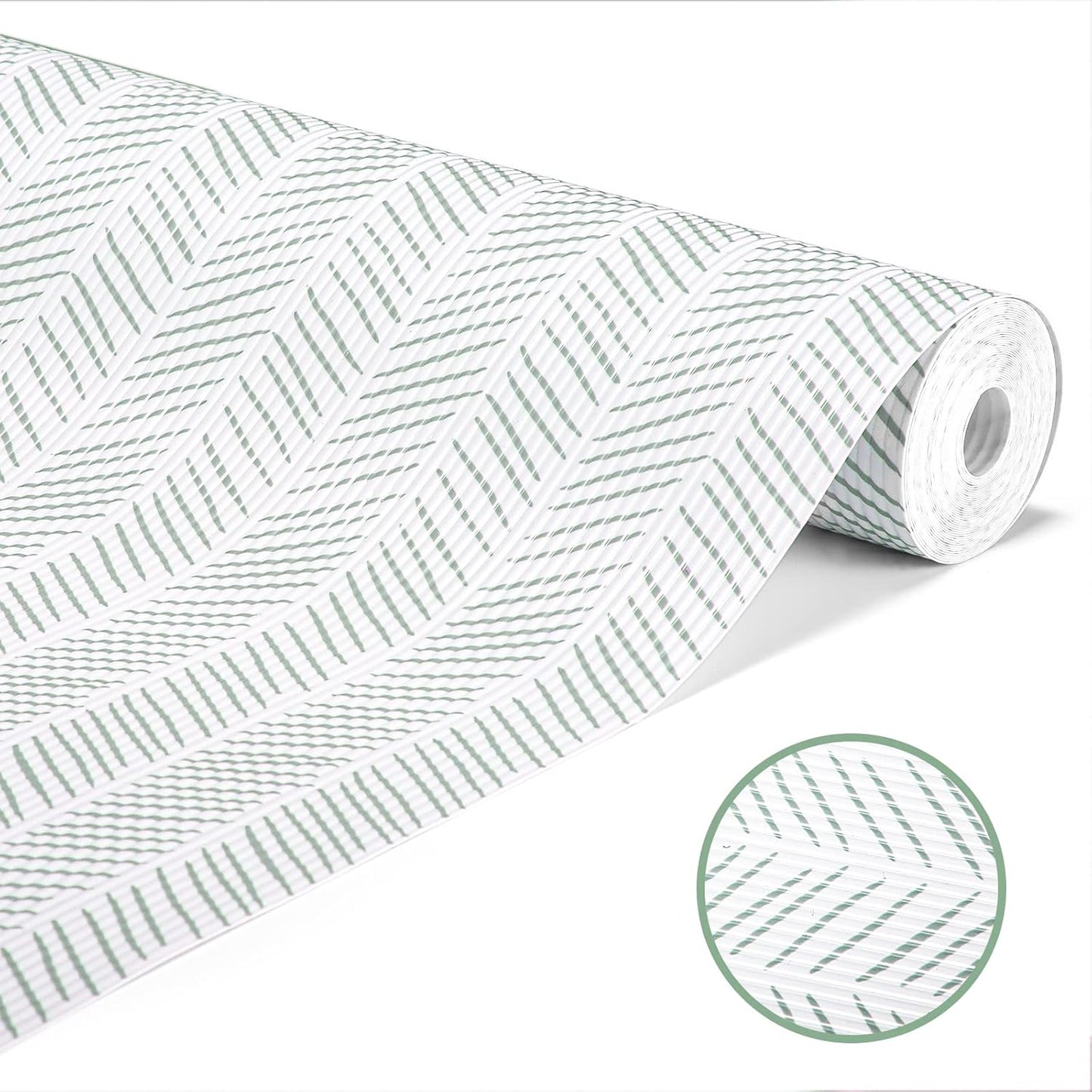 Glotoch Non Adhesive Shelf Liners for Kithchen Cabinets,Non Slip Waterproof Drawer Liners for Dresser, Liner, Fridge, Wire Shelving,Pantry,Heavy Duty, White and Green Herringbone 12X60 Inch