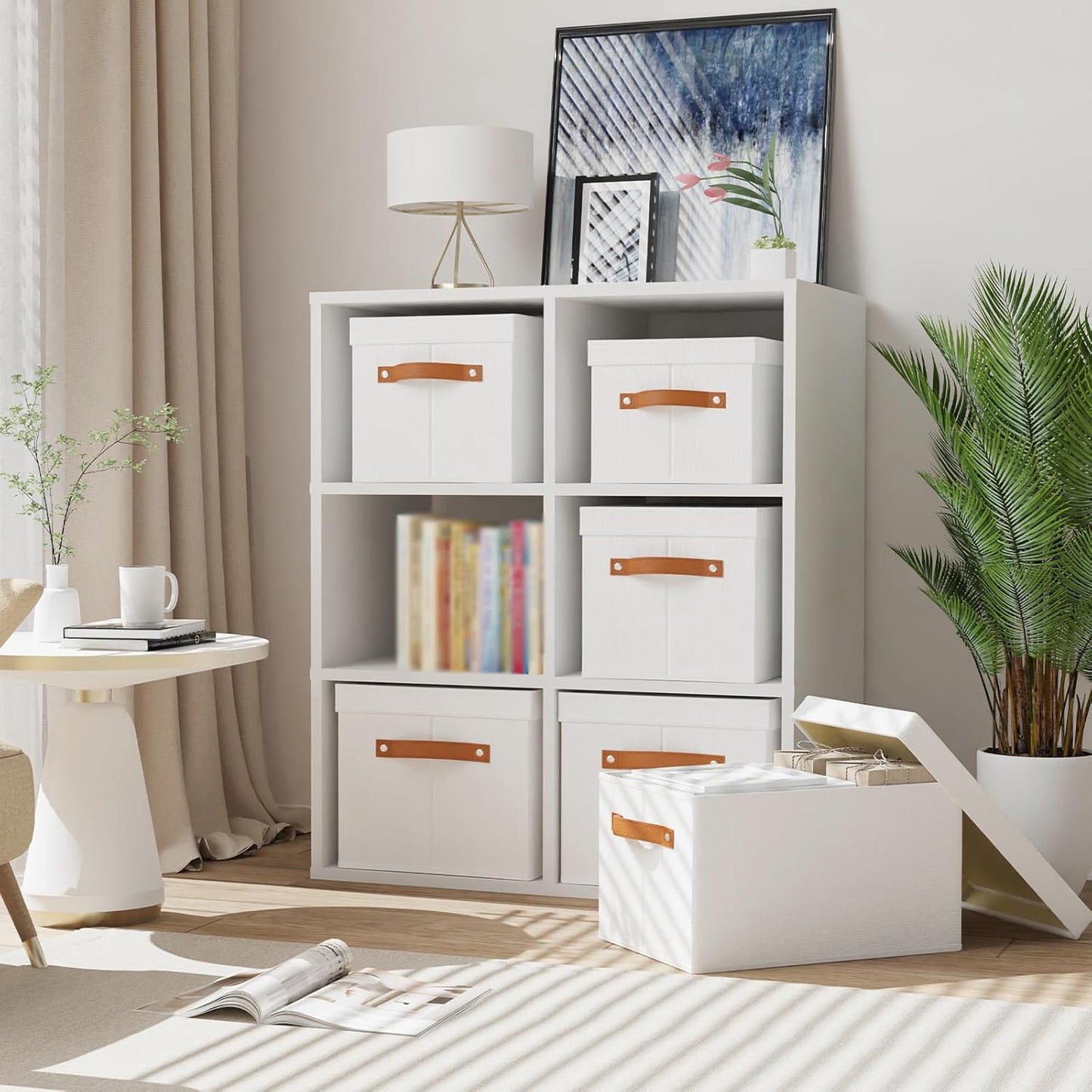 Fabric Storage Bins, 7.1 x 9.1 x 13 Inch Clothes Boxes for Shelves with Lids, Baskets for Organizing with Handles, Decorative Linen Closet Organizers, White, 5 Pack