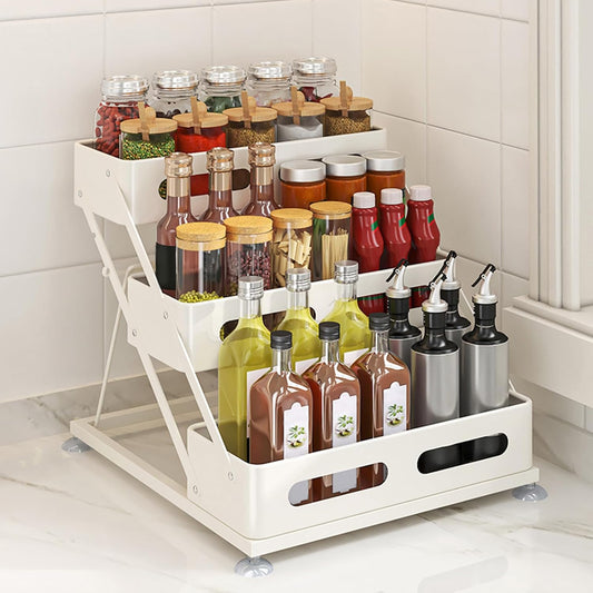 3 Tier Foldable Spice Rack for Countertop Iron Kitchen Seasoning Organizer for Cabinet, White