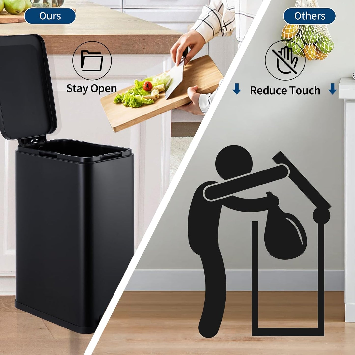 Garvee 13 Gallon Kitchen Trash Can, Stainless Steel Step Garbage Bin with Soft-Close Lid & Removable Bucket, Fingerprint Proof, Slim for Narrow Spaces, Bathroom or Office (Black+Silver, 13 Gallon)