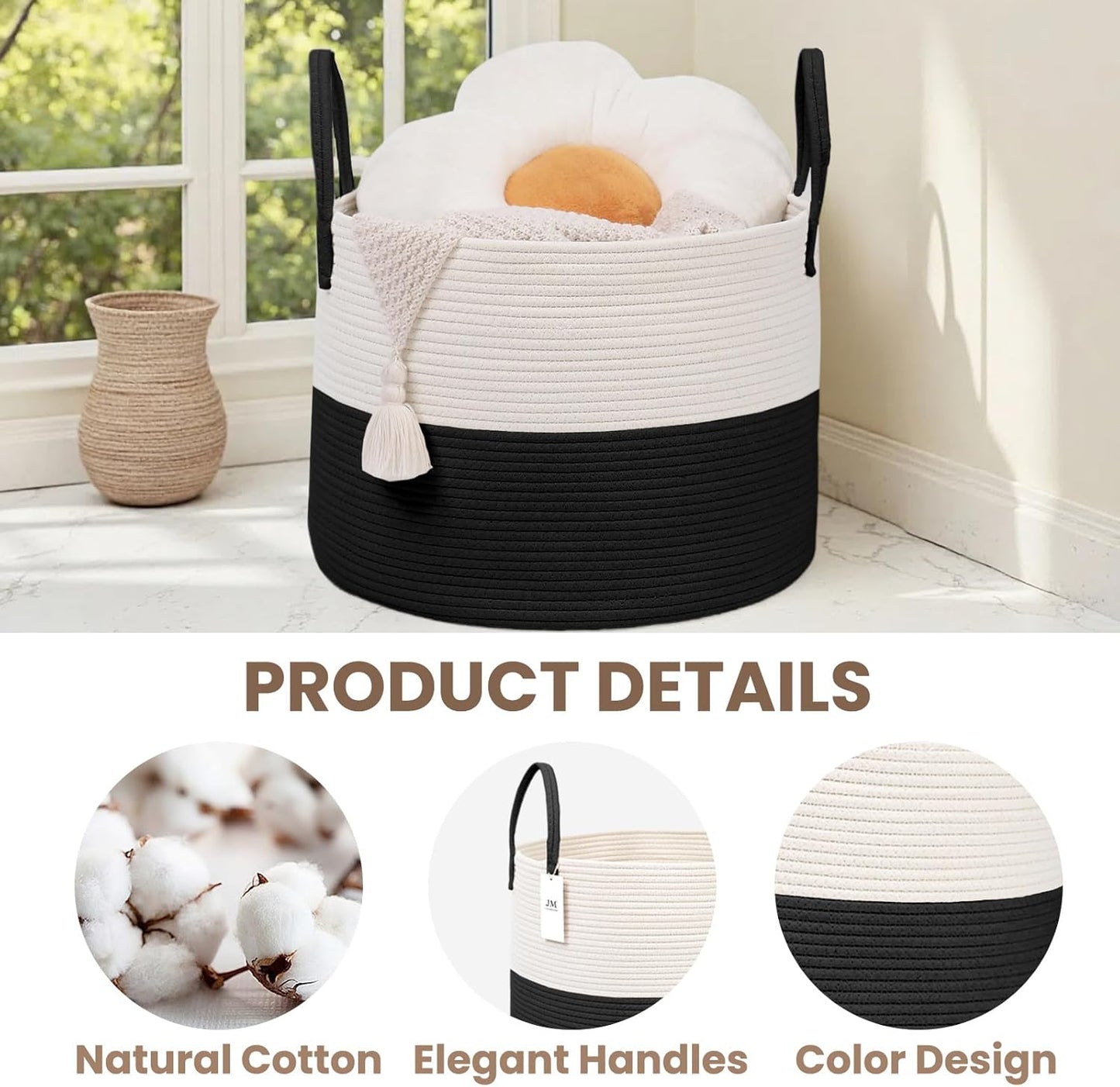 Woven Blanket Basket,65L Large Rope Storage Bin with Handles, Organizer for Blankets Toys Book and Clothes, Laundry Basket for Living Room Bedroom Nursery,White&Black