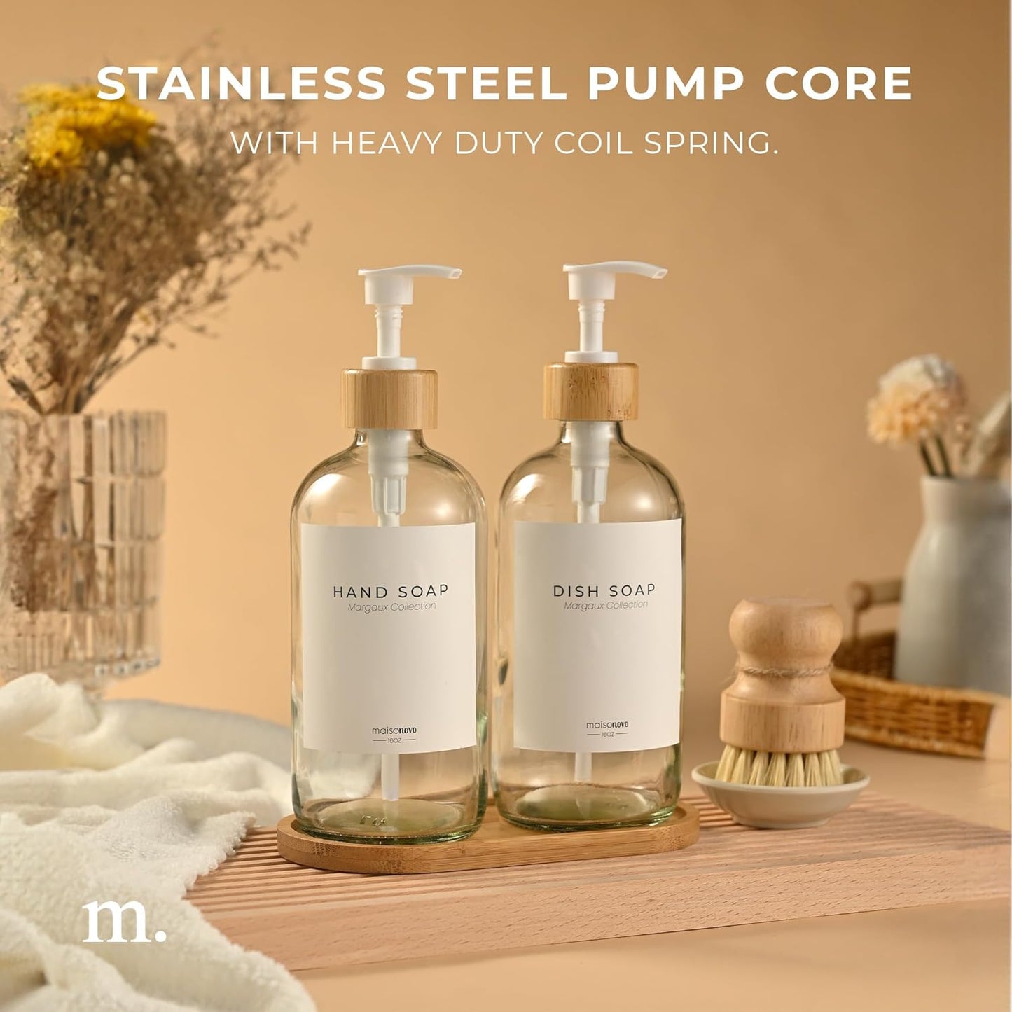 MaisoNovo Soap Pump Replacement - 2X White Bamboo Pumps - Pump Dispenser - Soap Dispenser Pump Replacement - Stainless Steel Soap Pump - Pump for Soap Dispenser