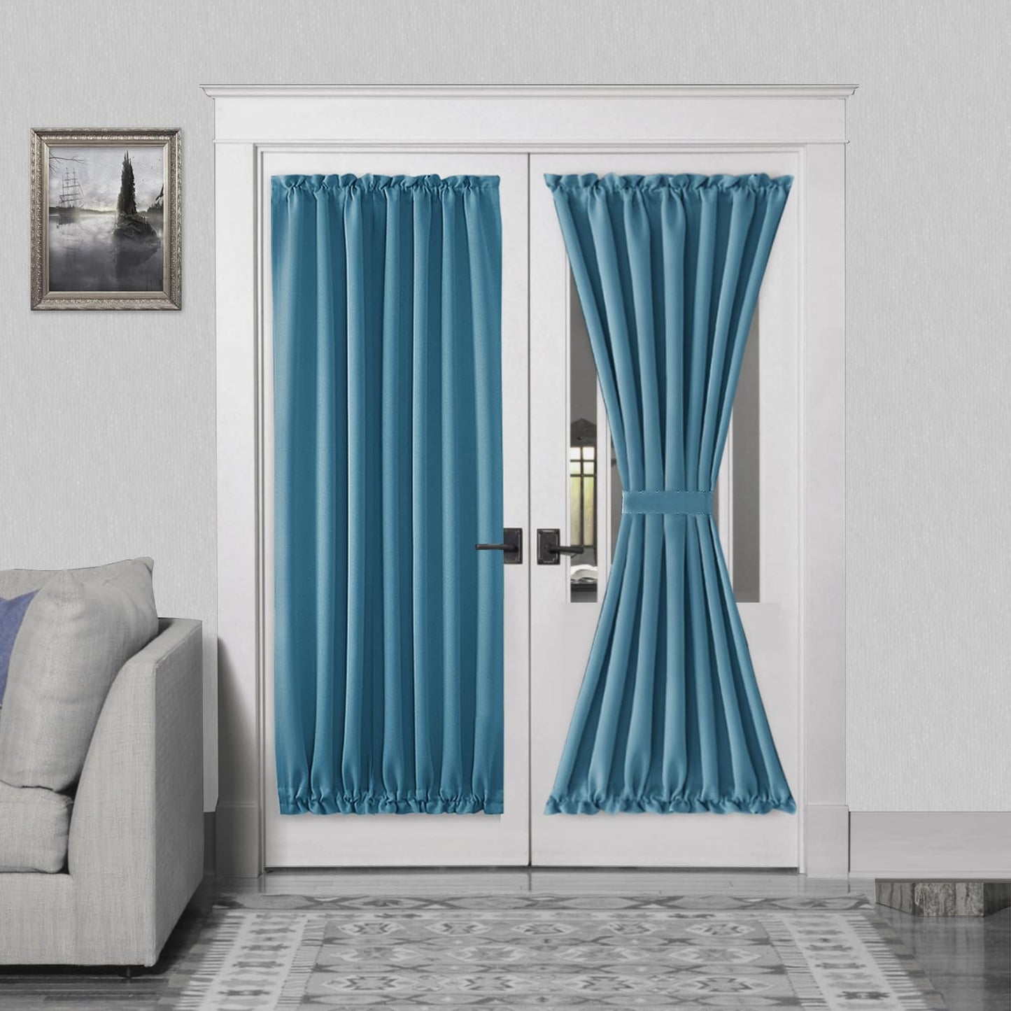 DWCN French Door Curtains – Rod Pocket Thermal Blackout Curtain for Doors with Glass Window, Kitchen and Patio Doors for Privacy, 54 X 72 Inches Long, 1 Curtain Panel with Tieback, Stone Blue