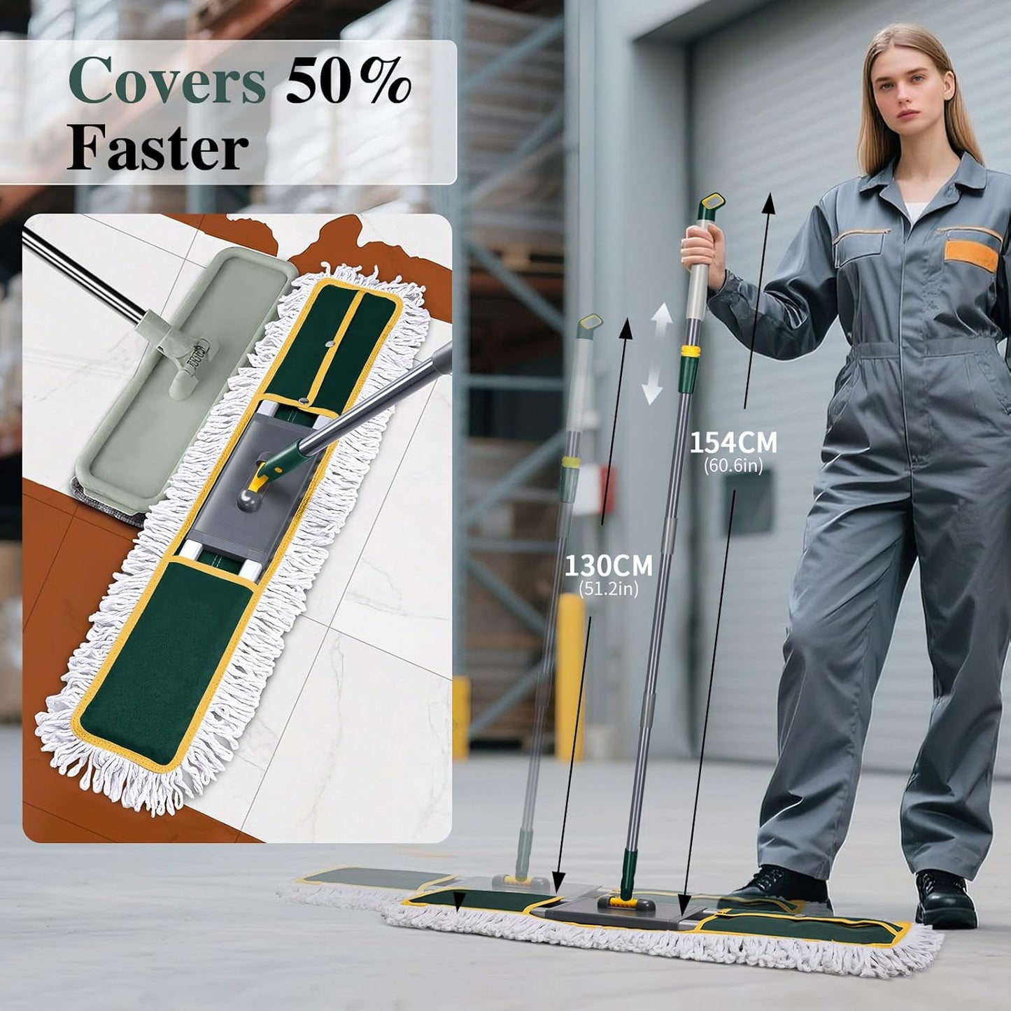 36" Commercial Mop, Masthome Heavy Duty Industrial Mop for Floor Cleaning,Commercial Dust Mop with 3 Reusable Pads,60”Long Handle Wet Dry Flat Mops for Hardwood Floors, Marble, Laminate, Tile(Green)