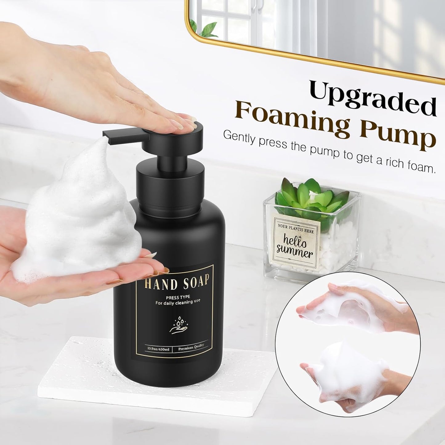 Luxspire Foaming Soap Dispenser, Glass Foam Pump Soap Dispenser, Non-Slip Hand Soap Dispenser with 5 Waterproof Labels, 15 Oz Refillable Liquid Soap Dispenser for Bathroom & Kitchen, Black, 1 Pack