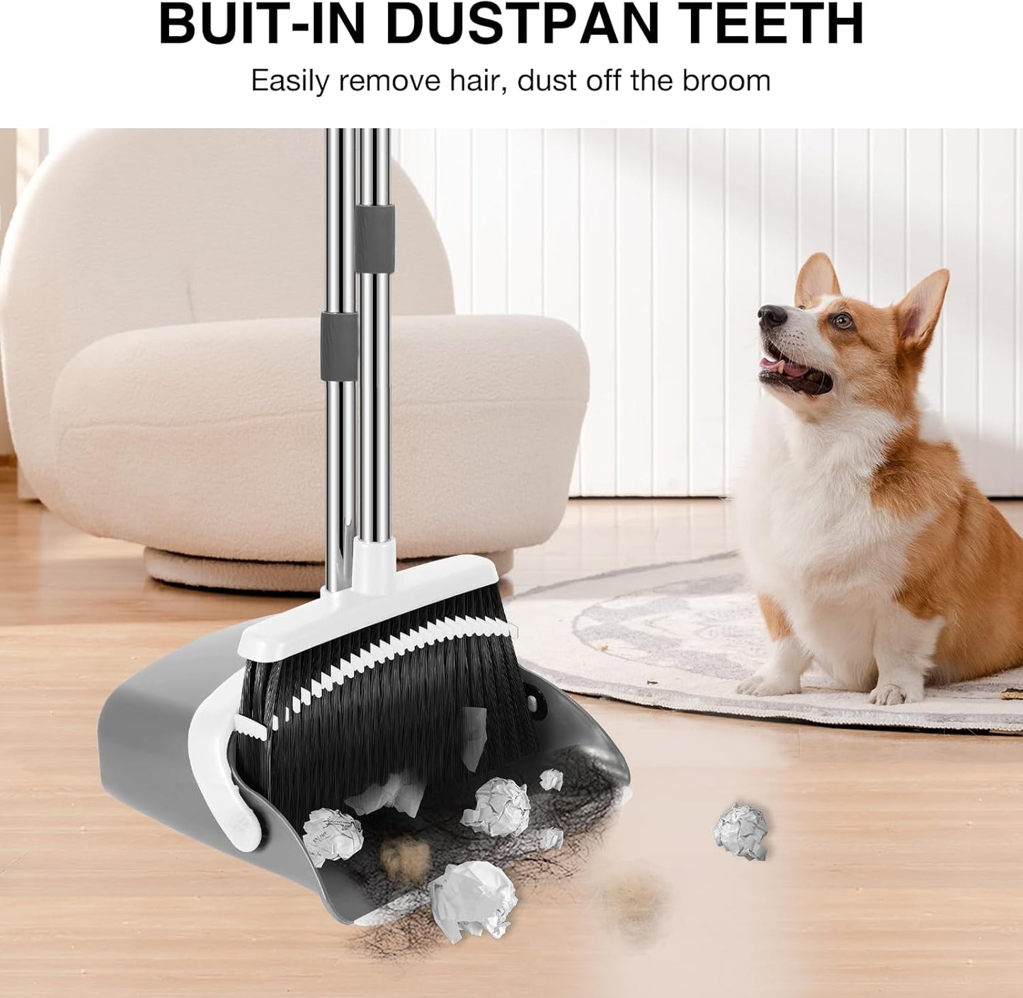 NACENA Broom and Dustpan Set, 52-in Long Adjustable Handle Broom Dustpan Combo with Dustpan Teeth to Automatically Clean Hair Suitable for Home Kitchen Office Hall Floor(Grey&White)